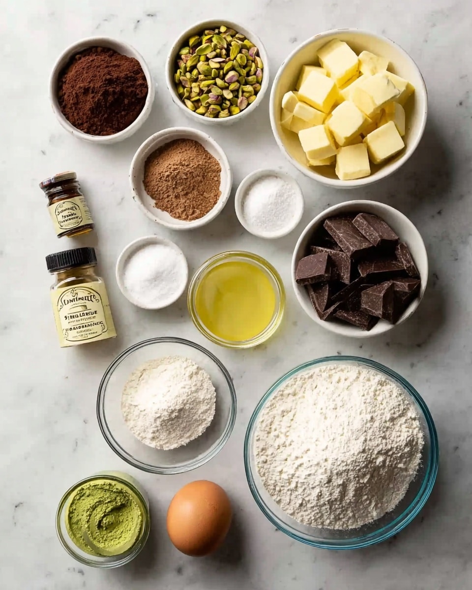 The image shows a group of ingredients arranged neatly on a white marbled surface. There are ten small white bowls holding different items: dark brown cocoa powder, light green pistachios, white granulated sugar, white powdered sugar, light brown brown sugar next to white sugar in the same bowl, white flour in a clear bowl, yellow cubed butter, and dark chocolate chunks. A whole brown egg, a small brown bottle labeled vanilla extract, and a small jar of green paste (possibly matcha or pistachio paste) are also included. The items are spaced evenly and viewed from above. Photo taken with an iphone --ar 4:5 --v 7