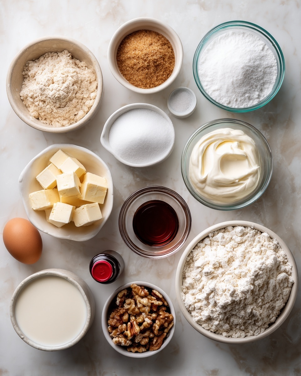 The image shows a top view of various baking ingredients laid out on a white marbled surface. There are 13 bowls and containers arranged in a loose circular pattern: a bowl of light brown baking powder at the top left, a small bowl of white baking soda below it, and a small white bowl of salt next to that; a medium white bowl filled with brown sugar sits near the center; a clear glass bowl with creamy white Greek yogurt is at the top right; a clear glass bowl holding white confectioners’ sugar sits below the yogurt; a small clear glass cup filled with dark maple syrup is near the bottom right; a large white bowl of all-purpose flour is at the bottom right; below the brown sugar is a small clear glass of white milk; next to the milk is a white bowl filled with chopped nuts; a white bowl with cubes of light yellow butter is at the bottom left; next to the butter is a small white bowl with coarse sugar; above that is a brown egg without shell lying on the surface; and a small dark bottle of maple extract with a red cap is near the bottom left edge. The ingredients have distinct colors and textures, spaced evenly, all visible clearly. photo taken with an iphone --ar 4:5 --v 7