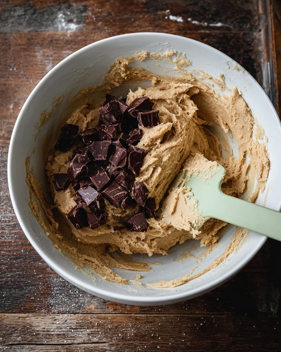 A white bowl holds a thick, light brown dough that fills most of the inside with a soft, rough texture. On top of the dough, there are many dark brown chocolate chunks, unevenly spread near one side. A pale green spatula is scooping the dough, with some dough stuck on its flat surface. The bowl is on a worn dark wooden table with some of the dough smeared slightly on the bowl's rim. photo taken with an iphone --ar 4:5 --v 7