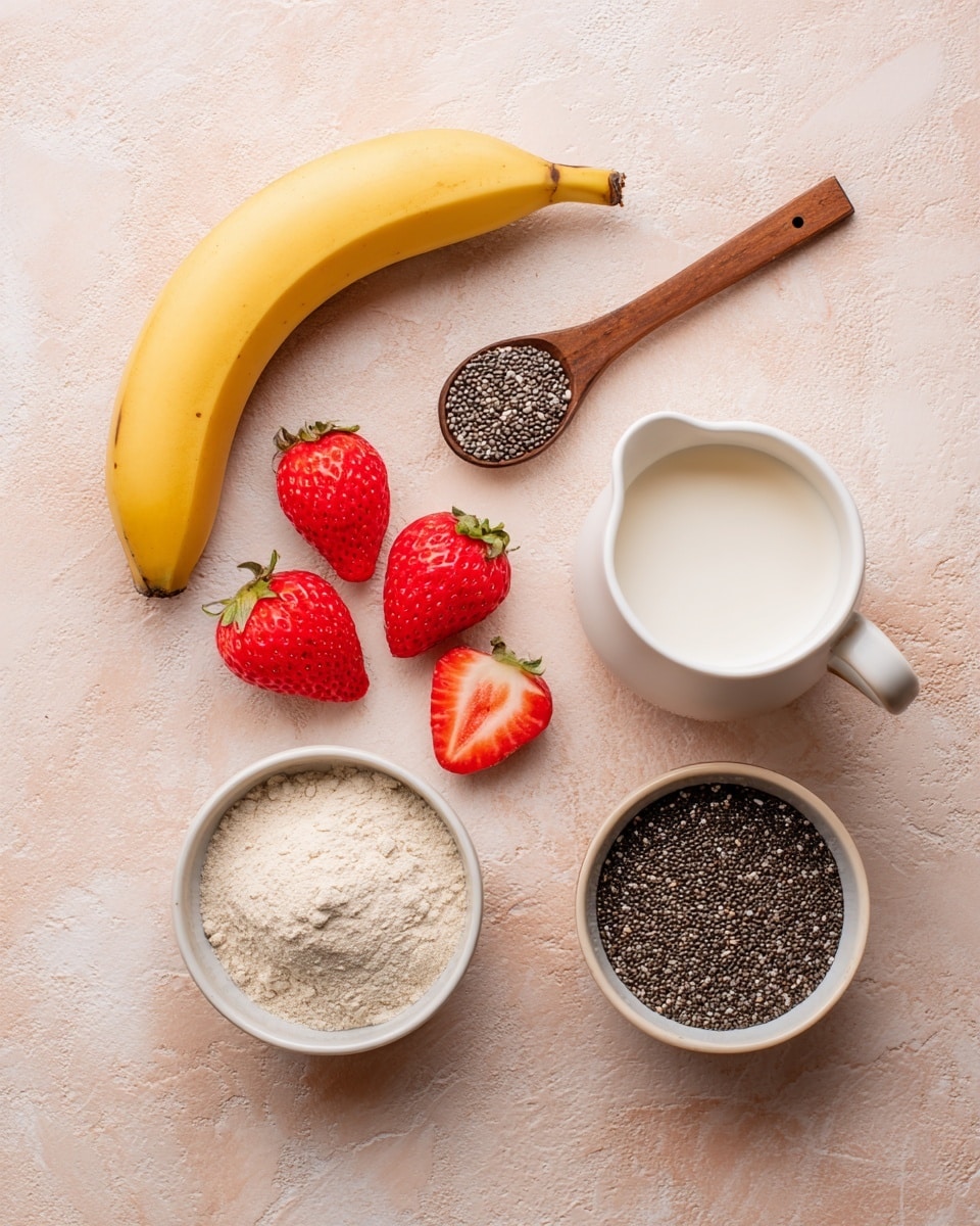 The image shows raw ingredients arranged on a light pink textured surface with a banana at the top left, several fresh red strawberries both whole and sliced on the lower left, a small white bowl filled with vanilla protein powder in the lower right, a white bowl full of dark chia seeds near the top right, a white cup with a small spout filled with white milk in the center, and a wooden spoon holding chia seeds near the top center. photo taken with an iphone --ar 4:5 --v 7