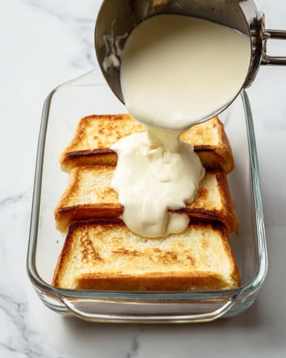 A clear glass baking dish holds three slices of toasted bread placed side by side, showing a golden brown color with slight darker spots on top. A silver metal saucepan is tilted above the bread, pouring thick, creamy white sauce over the middle slice, creating a smooth, flowing texture that spreads across the bread. The dish is set on a white marbled surface, giving a clean and bright background. Photo taken with an iphone --ar 4:5 --v 7