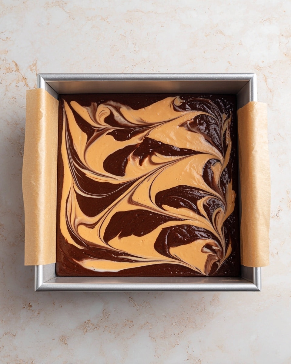 The image shows a square metal baking pan with parchment paper handles on both sides, filled with two layers of batter. The bottom layer is a smooth, rich dark brown chocolate batter that covers the entire base. The top layer consists of swirled light brown or tan batter spread unevenly across the surface. It forms a decorative pattern with curving, flowing shapes blending over the darker layer, creating a marbled effect. The pan is placed on a white marbled surface. Photo taken with an iphone --ar 4:5 --v 7