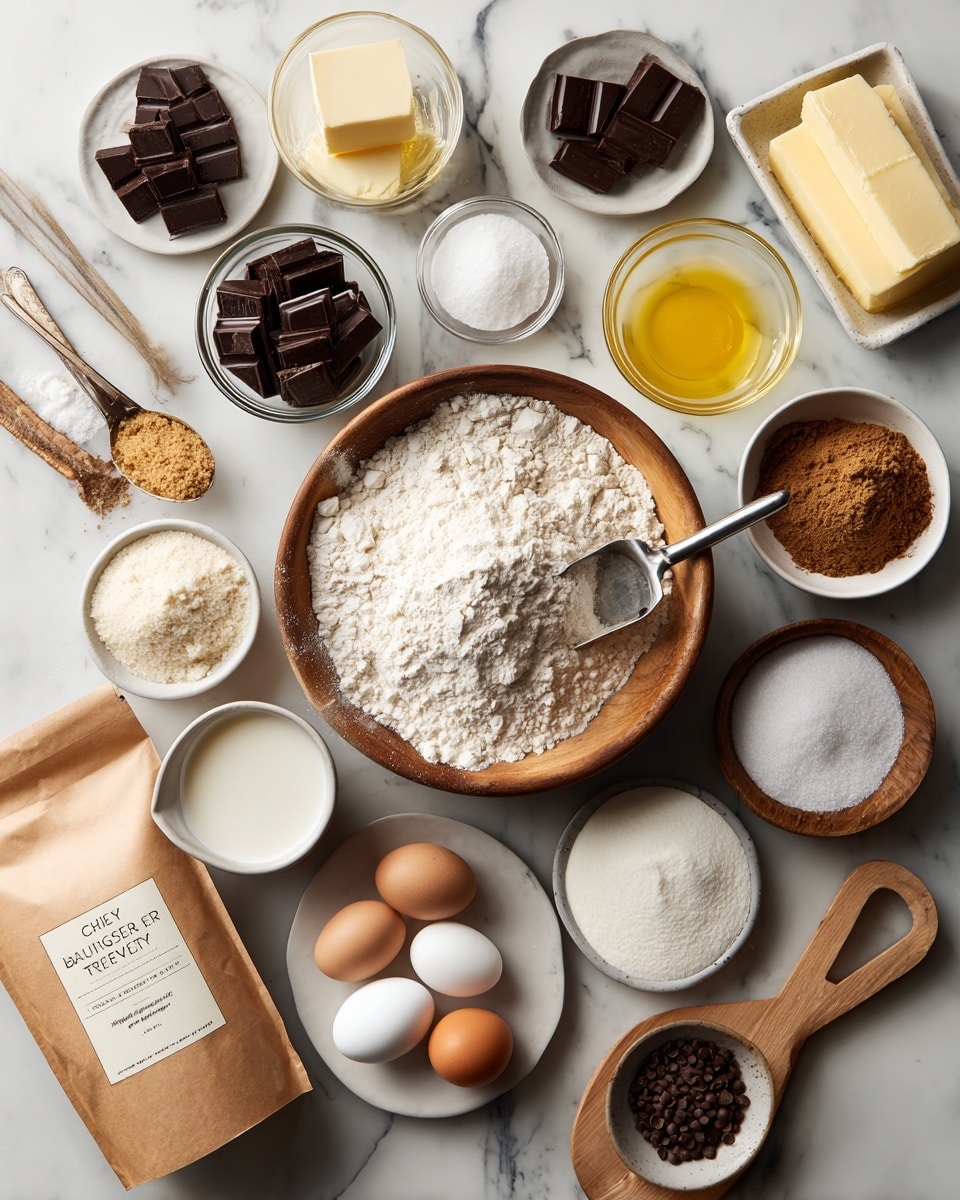 The image shows a white marbled surface with various baking ingredients neatly arranged. In the center, there is a wooden bowl filled with white all-purpose flour and a metal scoop inside. Surrounding it are small clear glass bowls with dark chocolate discs, milk chocolate discs, and small sweet chocolate chips. Nearby are a small white plates with a pale yellow stick of butter, a wooden spoon with salt, and bowls of brown sugar, granulated sugar, vanilla extract, heavy cream, and water. A white ceramic bowl contains light yellow oil, and a small wooden dish holds two white eggs. A brown paper bag labeled chewy fudge brownie mix is placed near the bottom left. The photo taken with an iphone --ar 4:5 --v 7
