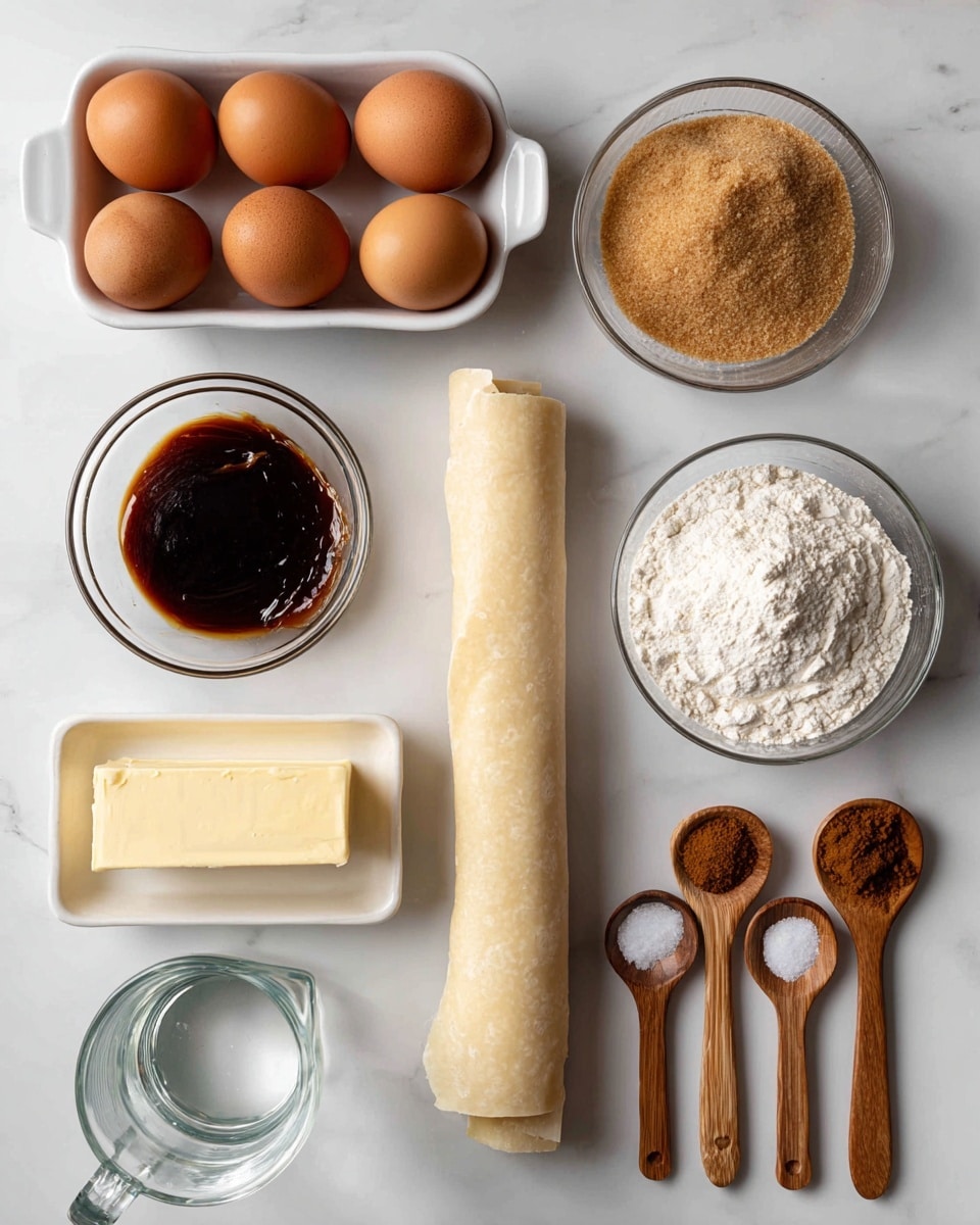 The image shows ingredients arranged on a white marbled surface for a recipe. At the top left, there is a white dish holding six brown eggs. To the right of the eggs, a small white bowl is filled with thick, dark brown molasses. Below the molasses, there is a clear glass bowl with light brown soft brown sugar. Next to it on the right is another clear glass bowl containing white all-purpose flour. Below the eggs and sugar, a rectangular white dish holds a slab of pale yellow butter. In the middle area, a rolled-up pie crust with a light beige color is placed horizontally. Near the bottom right, a small wooden spoon filled with ground nutmeg powder, a slightly larger wooden spoon with ground cinnamon, and two more wooden spoons with white salt and baking soda are positioned neatly. A glass measuring cup with water is at the bottom left. All ingredients are labeled clearly with black text. Photo taken with an iphone --ar 4:5 --v 7