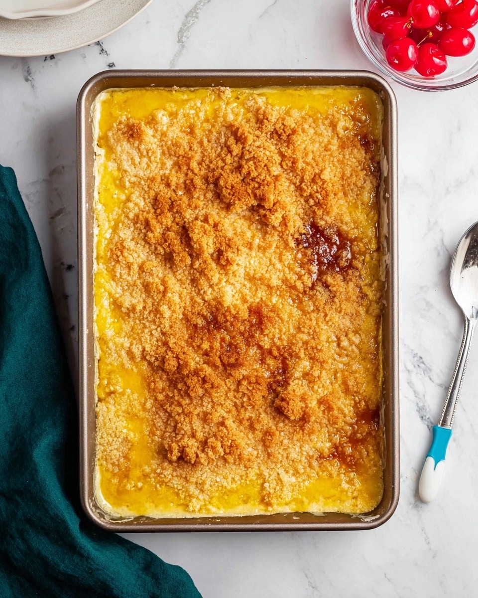 The image shows a rectangular metal baking tray filled with a two-layer dessert. The bottom layer is a shiny, bright yellow fruit filling that spreads to the edges of the tray. The top layer is a golden brown, crumbly, and slightly uneven baked crust with darker toasted spots creating a textured surface. The tray sits on a white marbled surface. To the top right, there is a small glass jar filled with bright red cherries. A woman’s hand is holding a white plate with a textured border at the top left corner, and a blue spoon with a white scoop is resting on the right side. A dark green cloth is tucked under the bottom left corner of the tray. Photo taken with an iphone --ar 4:5 --v 7