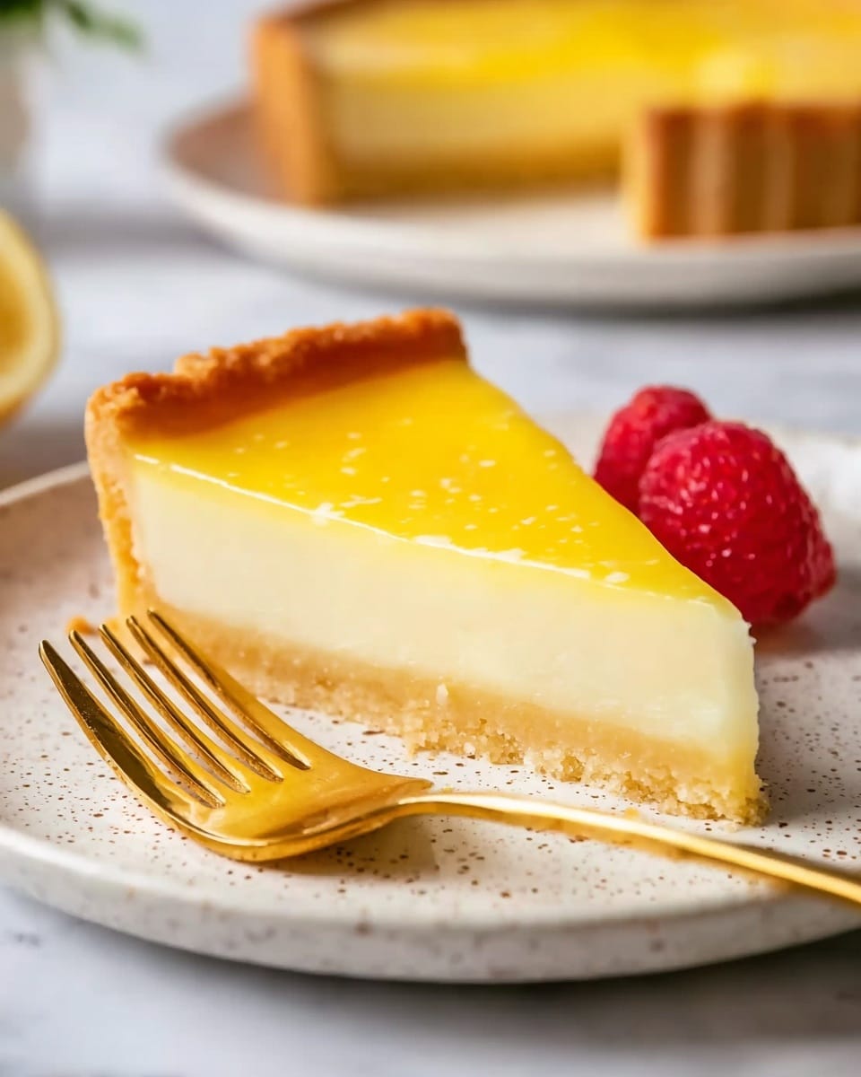 A slice of lemon tart with two clear layers sits on a white speckled plate; the bottom layer is a creamy, thick pale yellow custard, and the top layer is a smooth, bright lemon-yellow glaze. The crust is golden-brown and crumbly, holding the tart together. Next to the tart slice, there is one fresh red raspberry adding contrast to the plate. A golden fork with a bit of crumb rests in front of the slice. The background shows another tart on a white speckled plate on a white marbled surface, slightly out of focus. photo taken with an iphone --ar 4:5 --v 7
