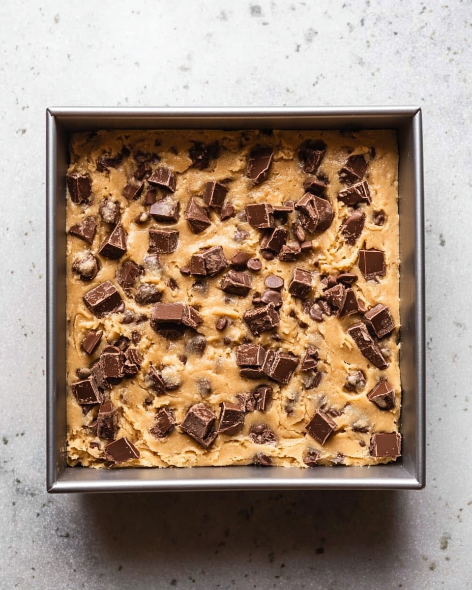 The image shows a square metal baking pan filled with a single thick layer of golden-brown cookie dough. The dough surface is soft and uneven, with many pieces of dark and milk chocolate scattered and slightly sunken into the dough, adding texture and contrast. The pan is placed on a white marbled surface. photo taken with an iphone --ar 4:5 --v 7