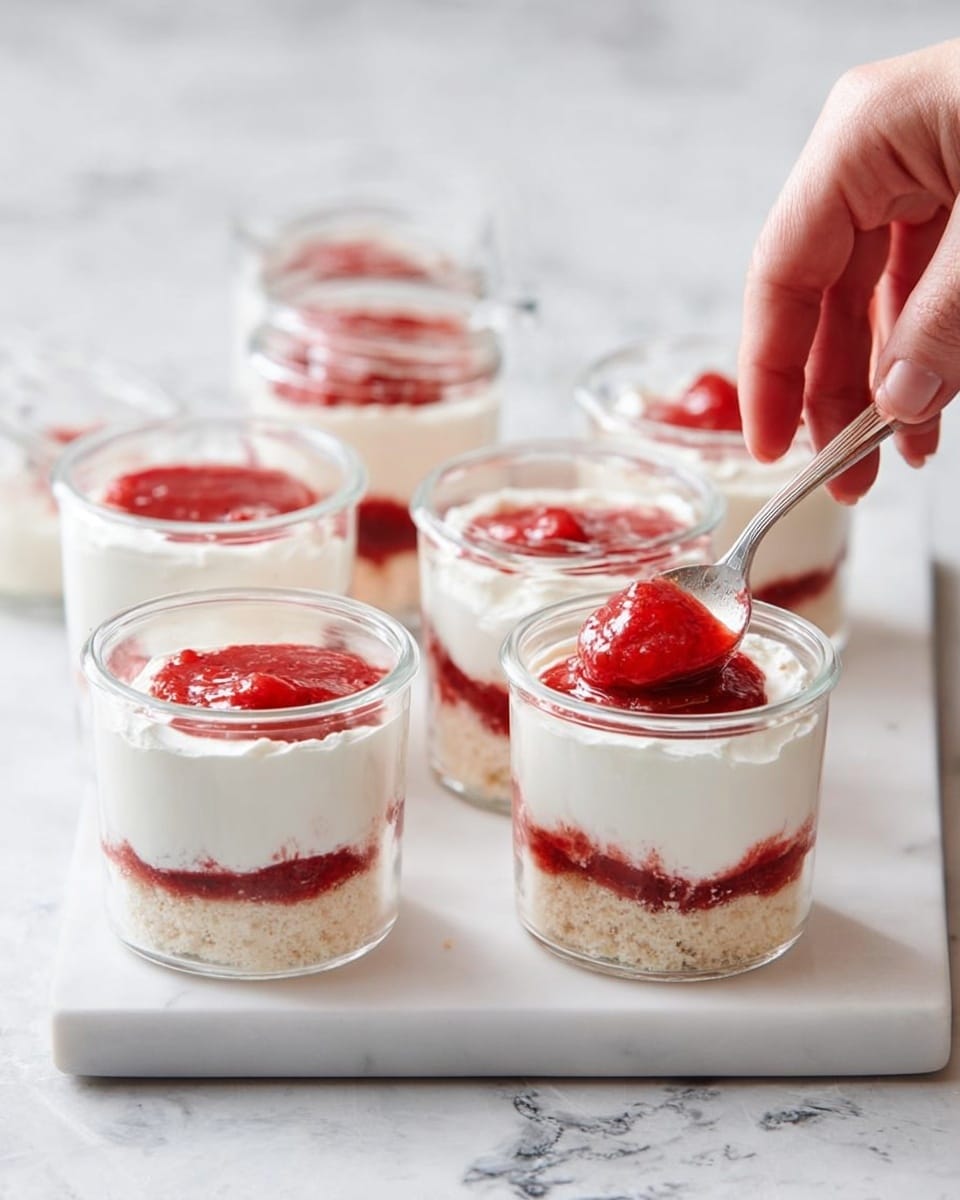 There are six clear glass cups on a white tray with a white marbled surface beneath. Each cup has three layers: at the bottom is a red fruit layer, in the middle is a light crumbly layer, and the top layer is thick white cream. A woman's hand is holding a spoon, placing a bright red fruit topping on the cream layer in one cup. The cream looks fluffy, the crumbly layer is pale beige, and the red fruit layers look juicy and smooth. photo taken with an iphone --ar 4:5 --v 7