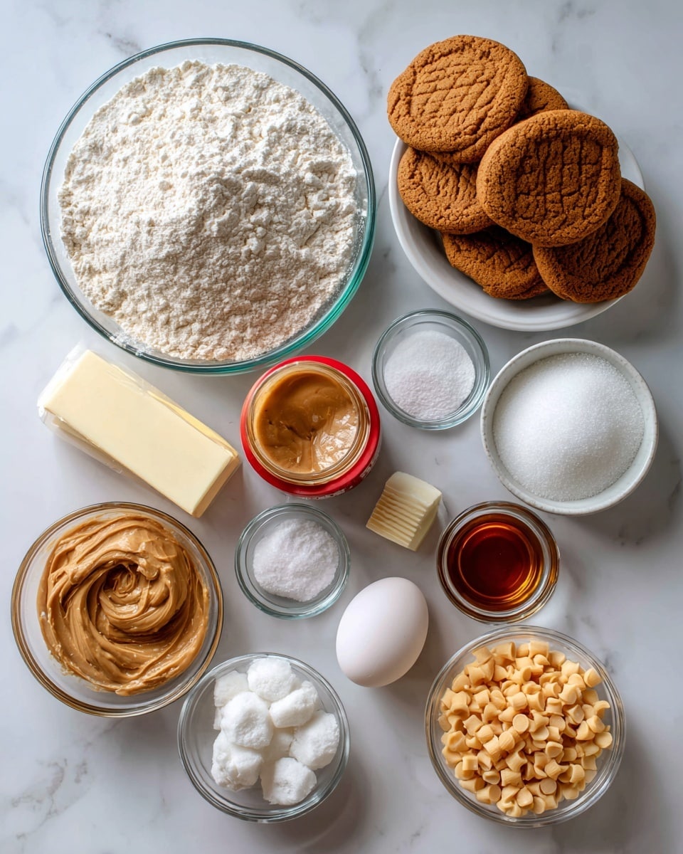 The image shows a white marbled surface with various ingredients arranged neatly for baking. There is one large clear glass bowl filled with white flour on the left side. Above it are several brown Biscoff cookies stacked in a slightly messy pile. To the right of the cookies, a small clear bowl contains white baking soda and powder. A stick of pale yellow butter lies beside it. Below the butter, a jar of creamy brown Biscoff spread with a red lid sits on its side. Near the center, a white egg is placed next to small clear cups holding salt, cornstarch, and vanilla extract. A small white bowl with fluffy white fluff is nearby. Below, there is a white bowl filled with light brown sugar and a small bowl of golden butterscotch chips. Another white bowl filled with powdered white sugar completes the layout. All items are evenly spaced on the smooth white marbled background photo taken with an iphone --ar 4:5 --v 7