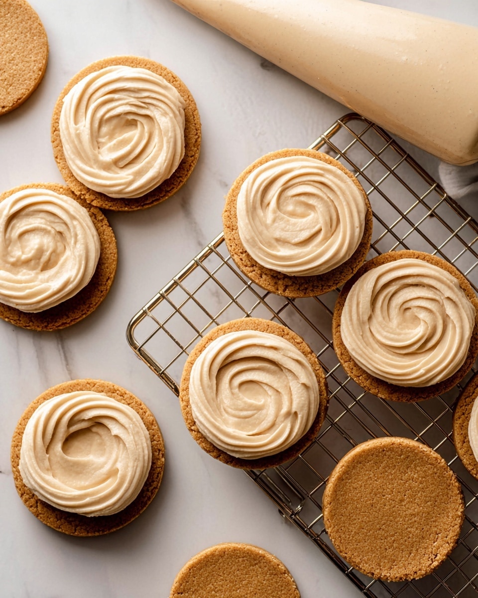 The image shows a group of round light brown cookie bases with a soft texture on a metal cooling rack placed on a white marbled surface. Each cookie base has one layer of thick light beige cream swirled on top in a circular motion, giving it a smooth and creamy look. The cookies are arranged in neat rows, with one plain cookie base without cream near the top right, and a large piping bag filled with the same light beige cream nearby. The whole scene feels clean and organized with a soft, creamy focus. photo taken with an iphone --ar 4:5 --v 7
