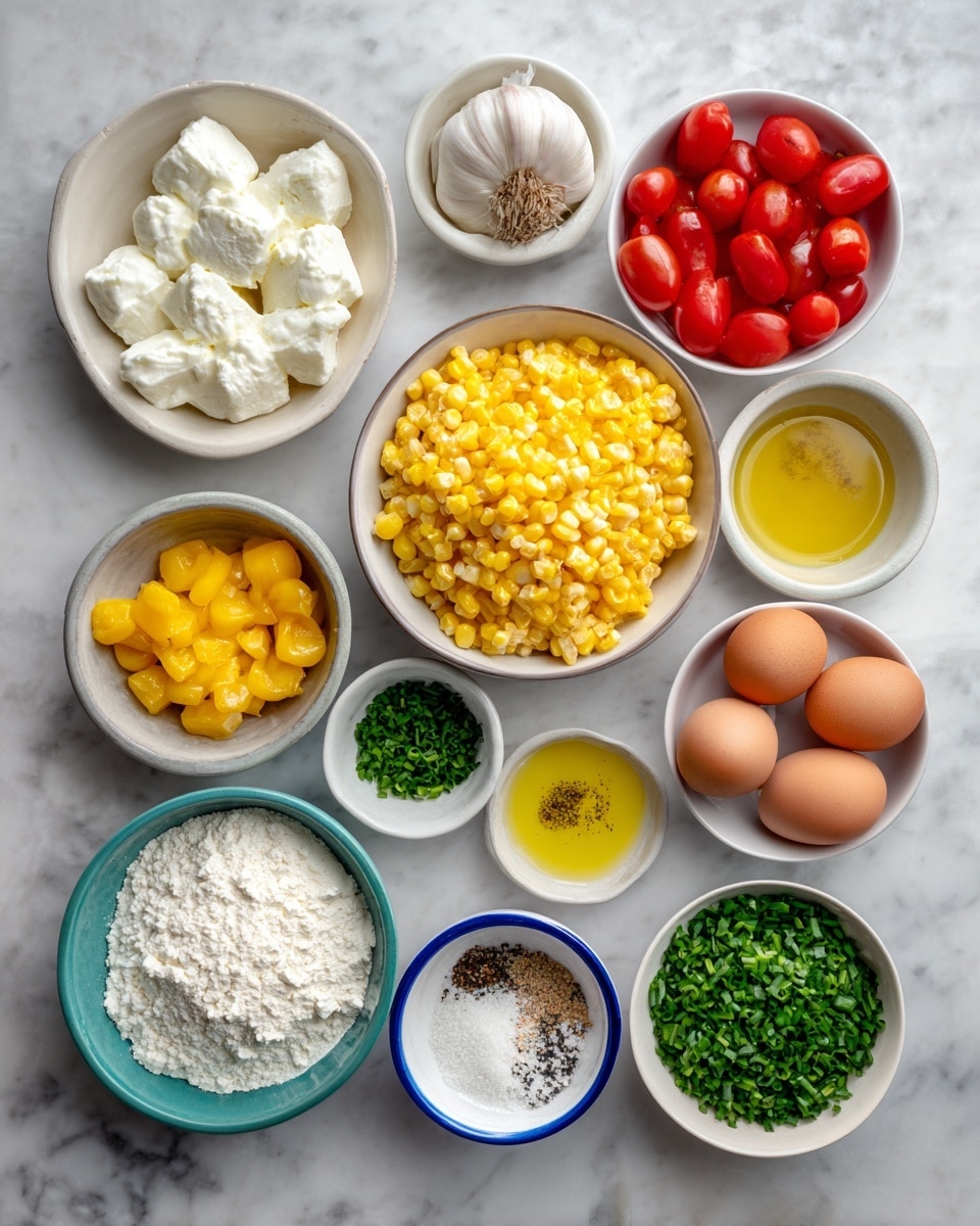 The image shows a top view of many small white bowls arranged on a white marbled surface, each filled with different cooking ingredients. In the center is a large bowl full of yellow frozen corn kernels. To the left, there are bowls with white yogurt, two garlic cloves, white chunks of feta cheese, and bright red cherry tomatoes. To the right, small bowls hold chopped yellow bell pepper, two brown eggs, clear olive oil, white flour with a blue rim on the bowl, salt, baking powder, ground black pepper, and chopped green chives. All the bowls are neatly spaced, showing a clean and organized setup. Photo taken with an iphone --ar 4:5 --v 7