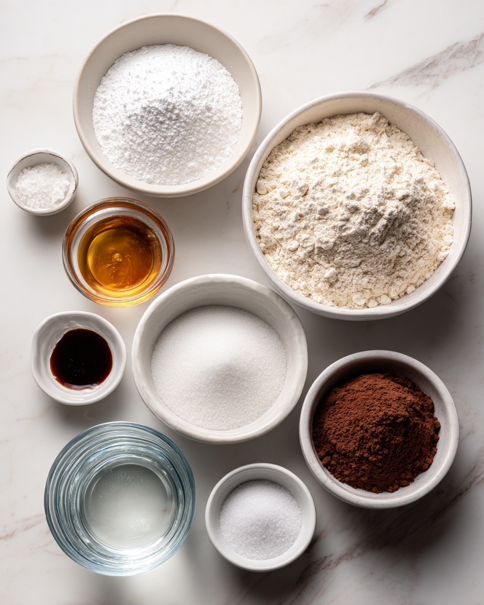 Nine white bowls and a clear glass are arranged on a white marbled surface, each filled with different baking ingredients. A large white bowl on the right holds light beige all-purpose flour with a soft, powdery texture. Above it, a medium white bowl contains bright white powdered sugar, fluffy and fine. Below the powdered sugar, another medium white bowl is filled with white granulated sugar, looking grainy and crystalline. To the left side, a small white bowl with dark amber vanilla extract sits next to a small white bowl holding clear white vinegar. In front of them is a transparent glass filled with clear water. Towards the bottom right, a small white bowl contains dark brown cocoa powder, finely ground. Beside it, two small white bowls hold white baking soda and a finer white salt, respectively. The arrangement is viewed from above, lit softly to show the colors and textures clearly, photo taken with an iphone --ar 4:5 --v 7