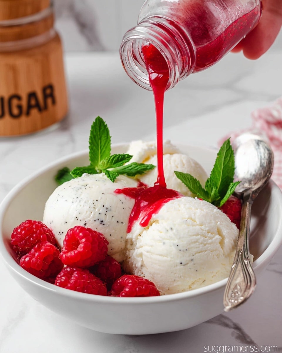 A white bowl holds three scoops of creamy white vanilla ice cream with visible black vanilla bean specks. Bright red raspberries are placed around the ice cream, along with fresh green mint leaves. A woman's hand pours a bright red raspberry sauce from a small glass bottle onto the center scoop, with the sauce flowing down its sides. A silver spoon rests inside the bowl. The background shows a white marbled surface with blurred kitchen items, including a wooden container labeled