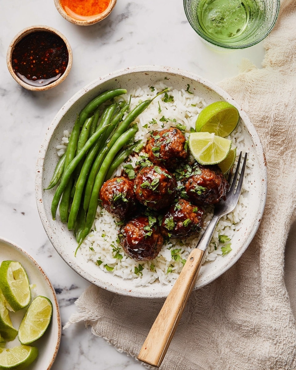 A white speckled bowl holds a base layer of white rice spread evenly, topped with a cluster of seven brown glazed meatballs sprinkled with chopped green herbs in the top center. To the left side of the meatballs, there is a pile of fresh green beans, placed neatly in a row. Two lime wedges sit on the right side of the bowl near the meatballs. A fork with a light wooden handle rests inside the bowl on the right. The bowl is placed on a beige textured cloth over a white marbled surface. Surrounding the bowl are lime wedges on a small dish below and small bowls with dark and orange-red sauces to the upper left and a transparent green glass on the upper right. Photo taken with an iphone --ar 4:5 --v 7