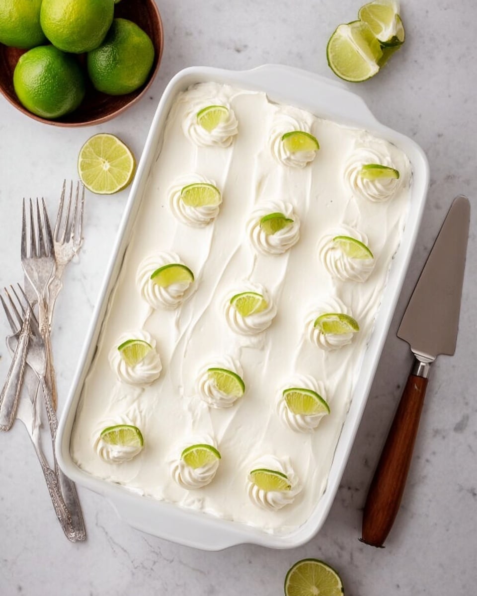 A white rectangular dish filled with a single thick layer of smooth, creamy white topping. On top, there are twelve evenly spaced small swirls of white cream, each one decorated with a small bright green lime wedge placed upright. The dish is placed on a white marbled surface with a few metal forks and a spatula with a wooden handle nearby. A bowl of whole and sliced limes is seen in the upper left corner. Photo taken with an iphone --ar 4:5 --v 7
