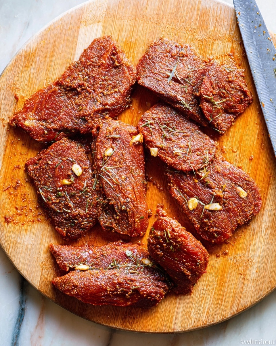 The image shows six pieces of marinated meat placed on a round wooden cutting board. Each piece of meat is coated in a reddish-brown spice mix with some visible herbs and bits of garlic scattered on top. The texture of the meat looks soft but firm, with some grain and moisture visible. The cutting board sits on a white marbled surface, and a knife is partially visible on the right side of the image. The photo taken with an iphone --ar 4:5 --v 7