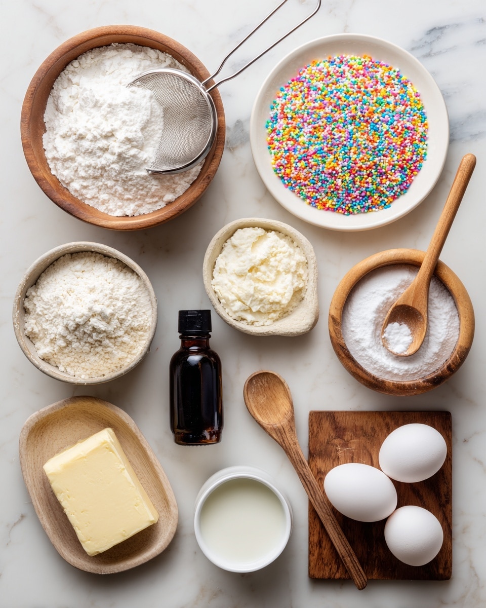 The image shows a flat lay of baking ingredients on a white marbled surface. At the top left is a wooden bowl filled with powdered sugar with a metal sifter on top; to its right is a white plate full of colorful rainbow sprinkles. Below the powdered sugar is a small wooden bowl with baking powder, next to a white slab of butter on a white dish. On the bottom left, a wooden bowl contains all-purpose flour with a wooden spoon resting inside. In the middle, a wooden spoon with salt sits below a dark bottle of almond extract and a small white cup of milk. On the right side at the bottom is a wooden tray holding three white eggs. A wooden bowl filled with granulated sugar with a small wooden scoop inside is placed on the upper right side of the image. photo taken with an iphone --ar 4:5 --v 7