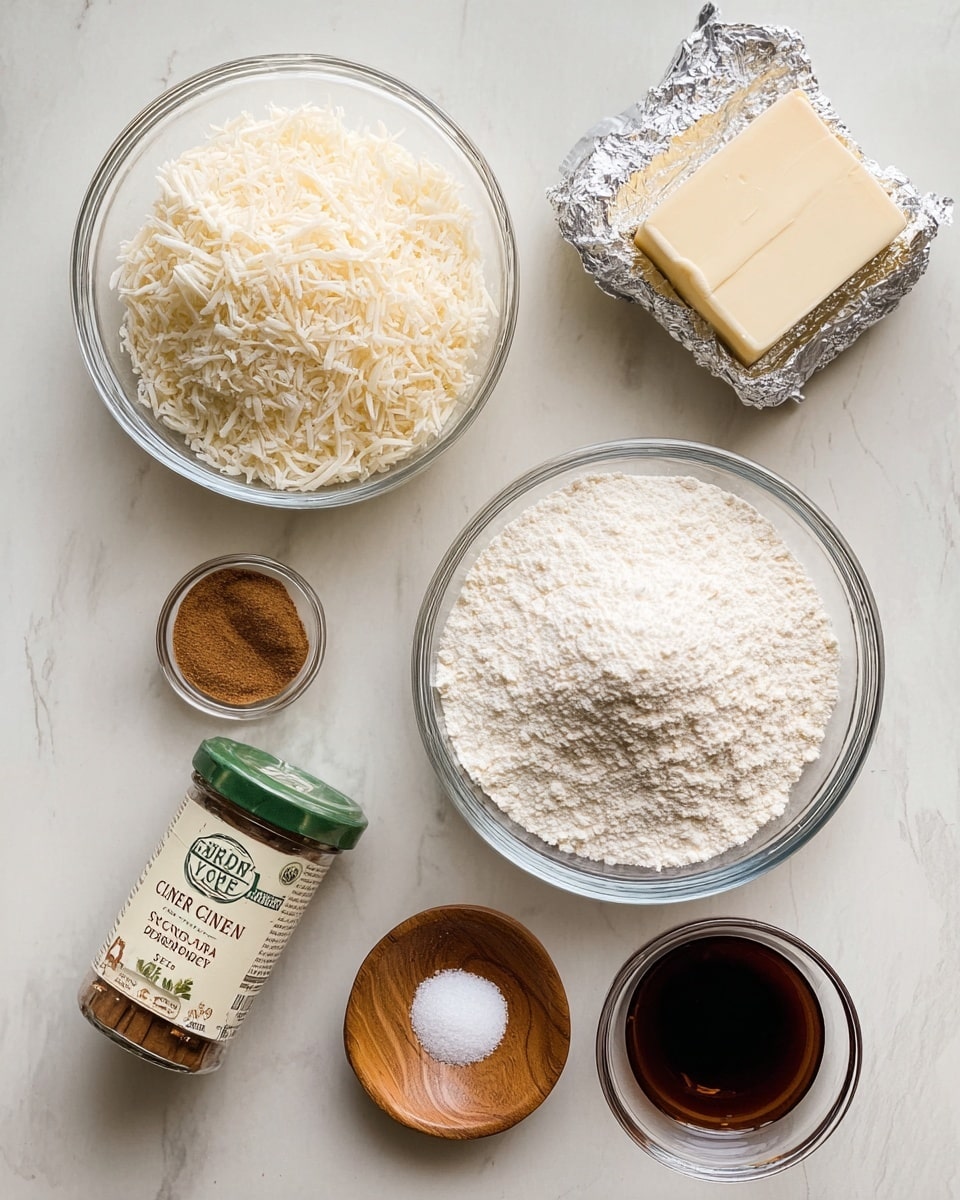 The image shows ingredients arranged on a white marbled surface. In the center, there are two clear glass bowls, the top one filled with light beige shredded coconut, and the bottom one filled with white powdered sugar. To the top right of the bowls, there is a silver-wrapped block of cream cheese and a small chunk of pale yellow butter. Below the butter is a tall glass jar with a green lid labeled
