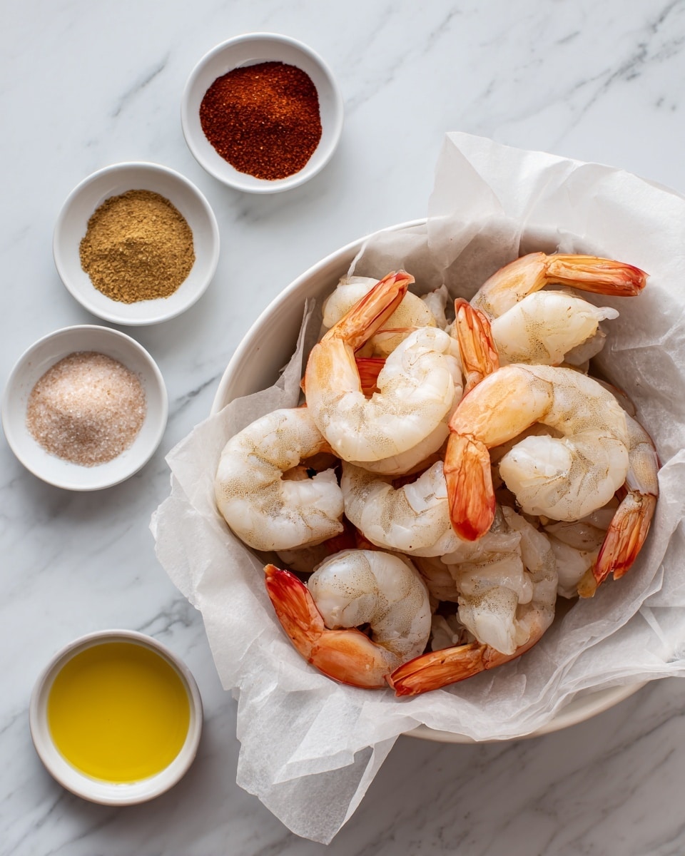 The image shows a white bowl lined with white paper towels, filled with large shrimp that are pale pink and white with orange tails, arranged loosely in a single layer. Surrounding the bowl on a white marbled surface are five small white dishes; four are stacked vertically on the left side containing, from top to bottom, ground cumin (brown), smoked paprika (deep red), salt (white), and garlic powder (light beige), while a fifth dish on the top right holds a small pool of golden olive oil. Photo taken with an iphone --ar 4:5 --v 7