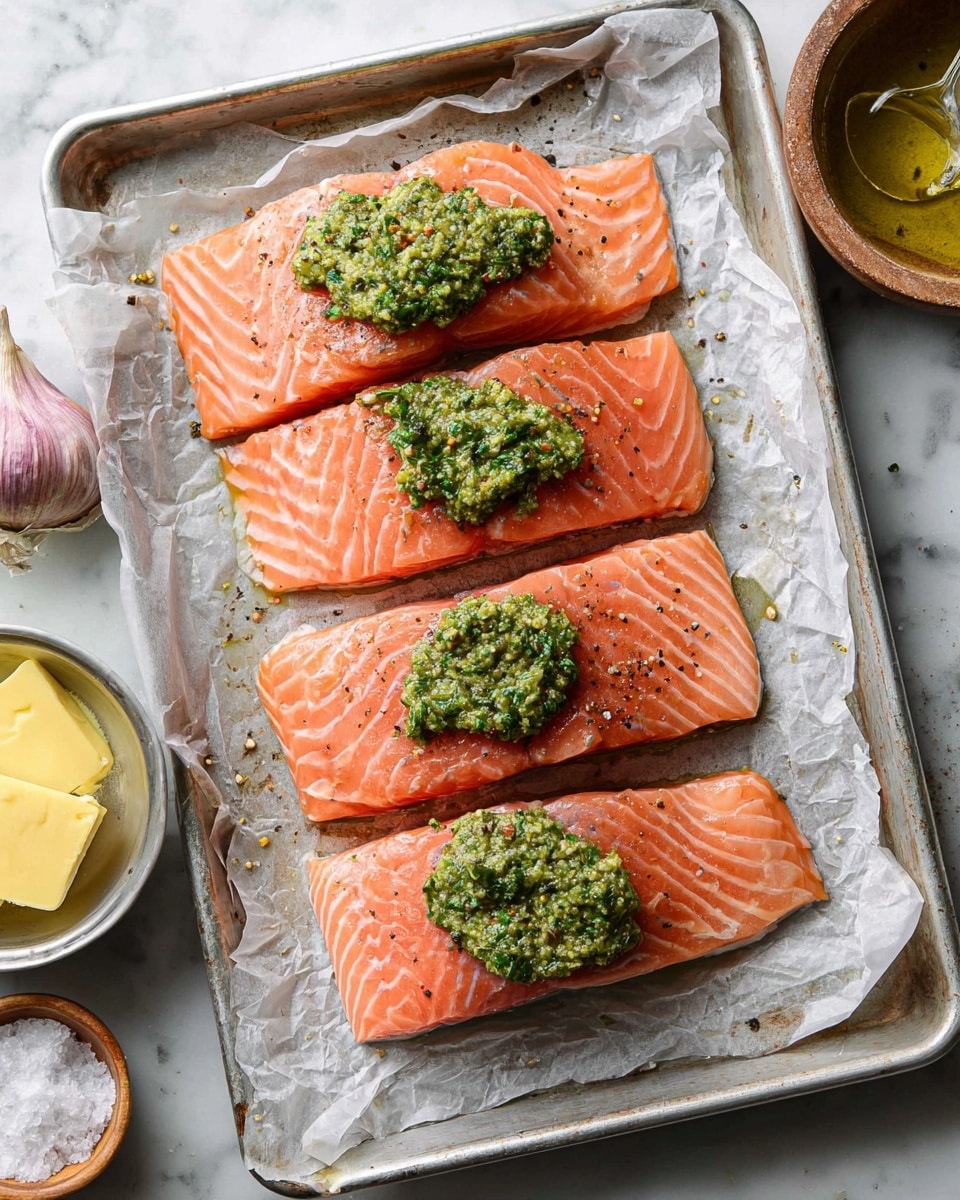 Four raw salmon fillets lie flat on a metal tray lined with crinkled translucent paper. Each pinkish-orange fillet has light white marbling and is topped with a dollop of thick green herb sauce, roughly spread in the center. The salmon is sprinkled lightly with coarse salt and black pepper, giving texture to the smooth flesh. Around the tray on the white marbled surface sit a clove of garlic, a shallot, a bowl of yellow butter, and a wooden bowl of salt. The image is bright and clean with natural light. photo taken with an iphone --ar 4:5 --v 7