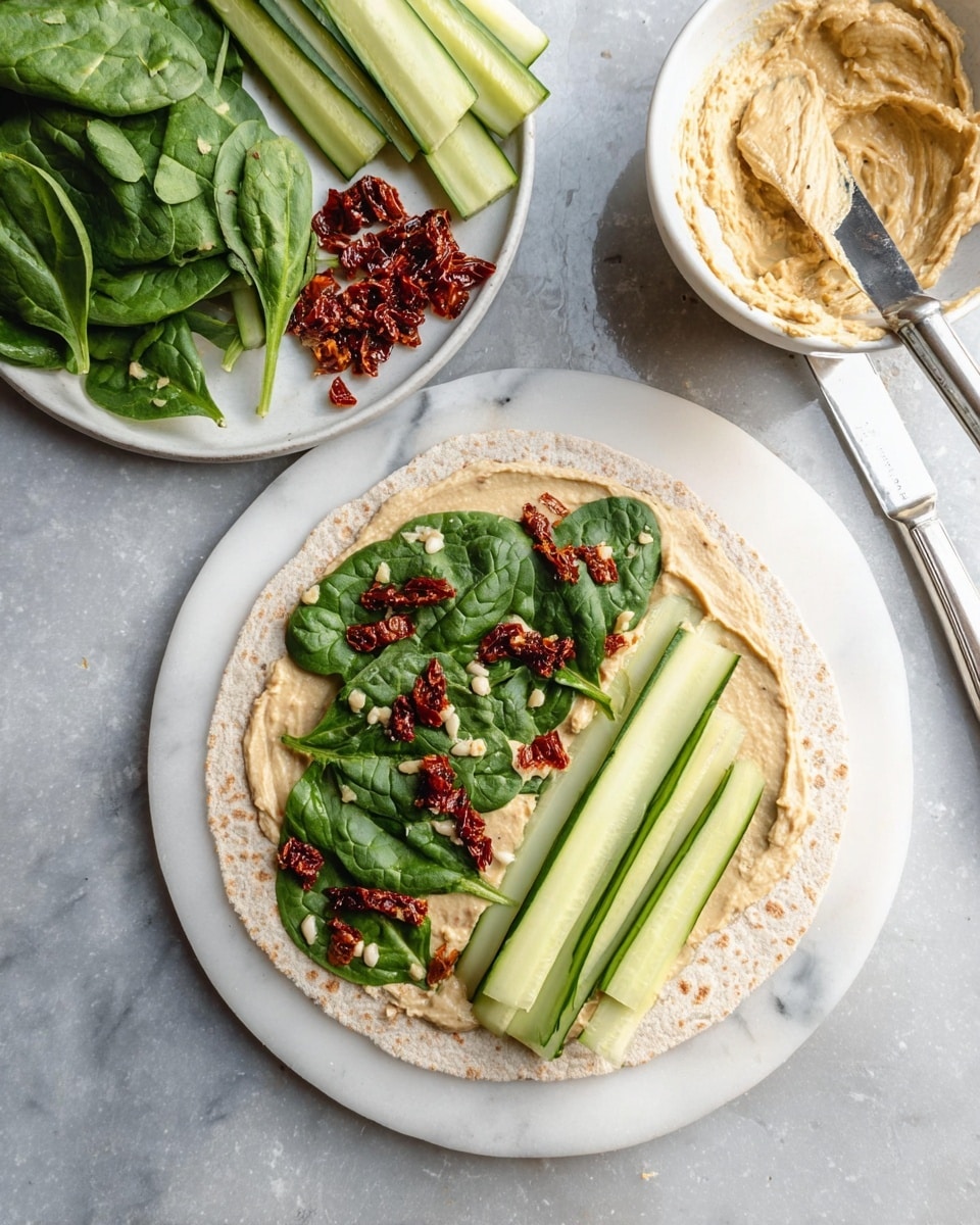A round flatbread lies on a white marbled plate, spread with a creamy light beige hummus layer. On one half of the flatbread, there are fresh green spinach leaves arranged in a neat row, while thin pale green cucumber sticks are placed next to the spinach. Small bits of sun-dried tomatoes, deep red in color, are scattered over the hummus and vegetables. Above this, a white bowl with some hummus inside and a silver knife covered with hummus rests on the edge. To the left, a white plate holds extra spinach leaves, cucumber sticks, and a small pile of sun-dried tomatoes on a white marbled surface. photo taken with an iphone --ar 4:5 --v 7