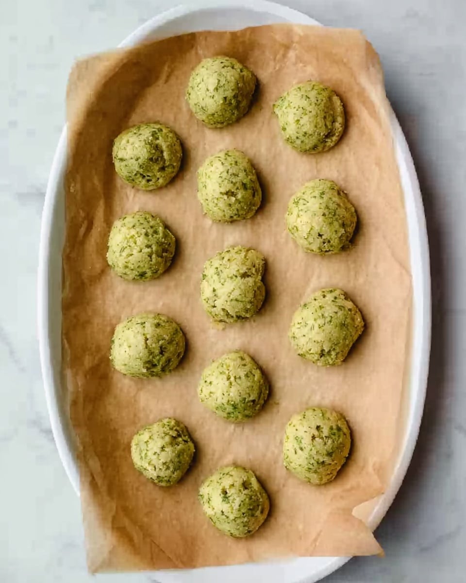 The image shows a white oval plate with a layer of brown parchment paper on top. On the paper, there are 16 small, round dough balls spaced evenly in rows. The dough balls are light green with a slightly rough texture, suggesting the presence of herbs or vegetables mixed in. The background is a white marbled surface. photo taken with an iphone --ar 4:5 --v 7