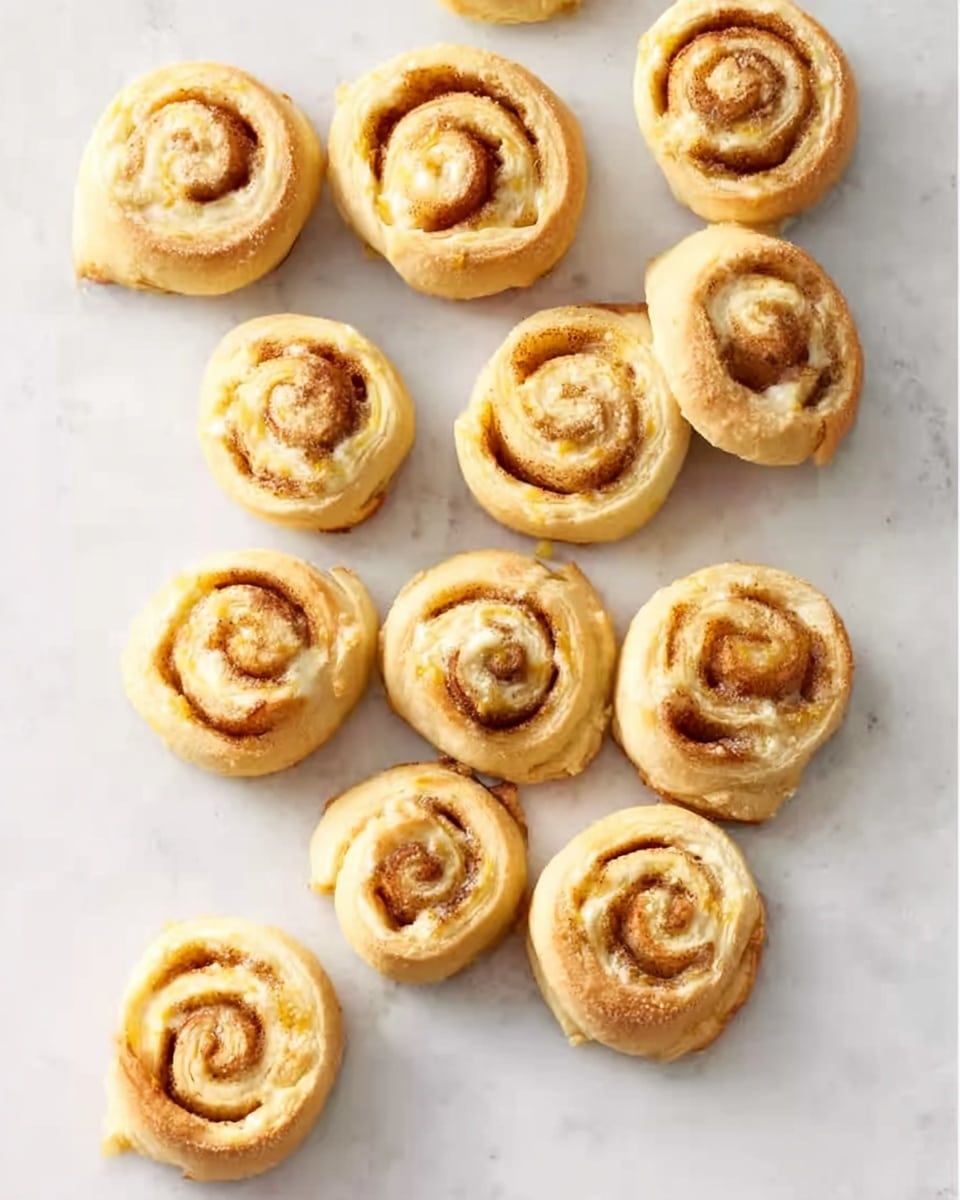 The image shows eleven small cinnamon rolls placed randomly on a white marbled surface. Each roll is a light golden brown with swirls of a creamy or white filling visible in the spirals. The rolls have a soft, slightly fluffy texture with a smooth, slightly shiny top. The white marbled surface adds a clean, bright background to the warm tones of the rolls. photo taken with an iphone --ar 4:5 --v 7