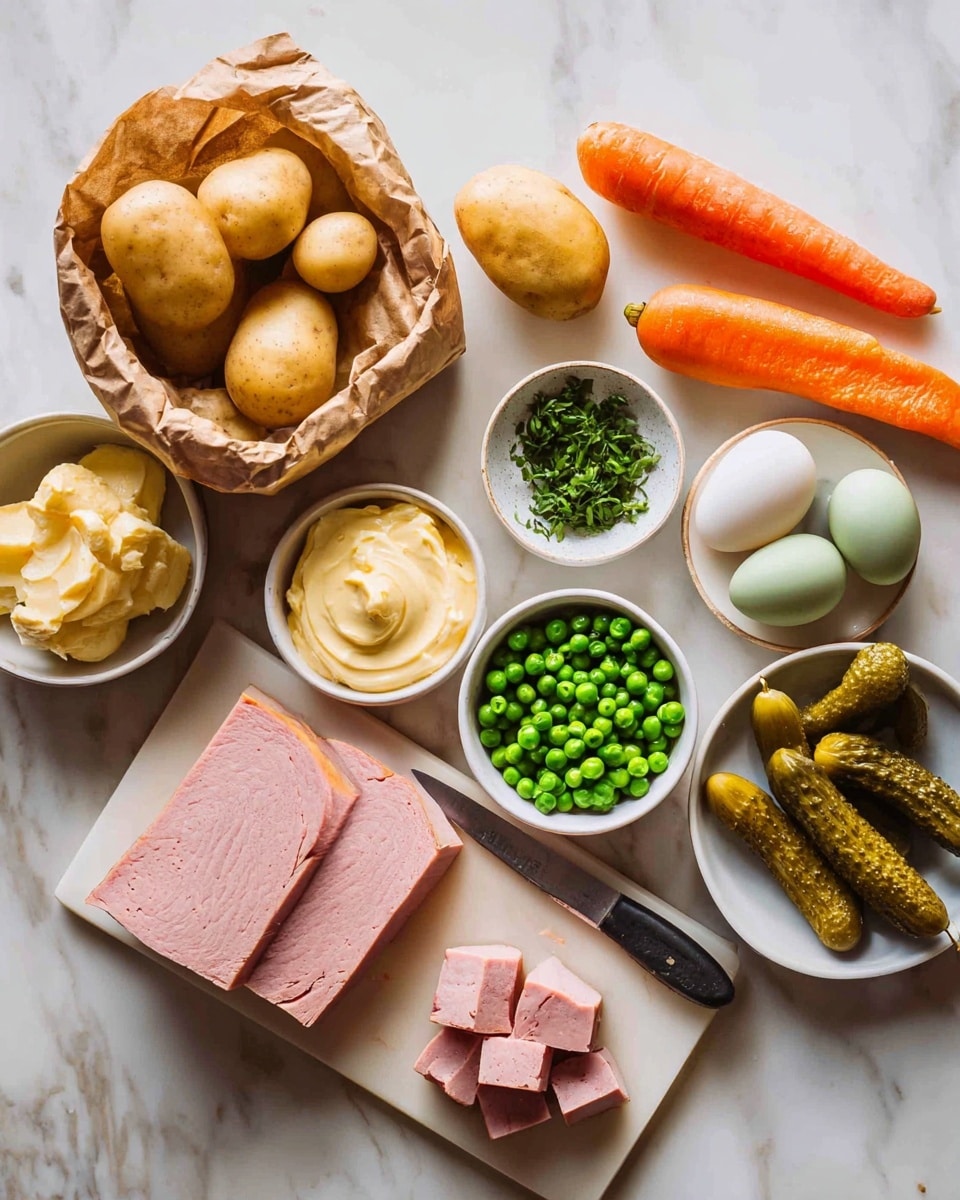 The image shows ingredients for a dish arranged on a white marbled surface. There is a brown paper bag filled with light brown potatoes in the top left corner, next to two whole orange carrots. To the right, a small white bowl contains chopped green herbs. Below this, a small white bowl holds creamy pale yellow mayonnaise, and next to it is a small white bowl with light green eggs. A small white bowl with dark green peas sits below the mayonnaise. On the right side, a small white bowl holds whole pickles. In the lower left, a white cutting board holds two thick slices of pink luncheon meat, one partially diced into small cubes with a knife resting beside it. photo taken with an iphone --ar 4:5 --v 7