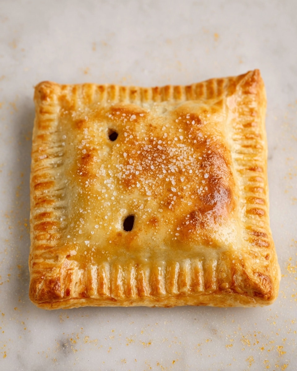 The image shows a square-shaped pastry with a golden, slightly shiny crust, placed on a white marbled surface. The pastry has a sealed edge made by pressing a fork around all four sides, creating a ridged pattern. Its top layer is sprinkled with coarse sugar crystals that catch the light, adding texture. There are three small holes in the center of the pastry, likely for steam to escape. The pastry's middle is slightly puffed up, showing it is filled inside. Photo taken with an iphone --ar 4:5 --v 7