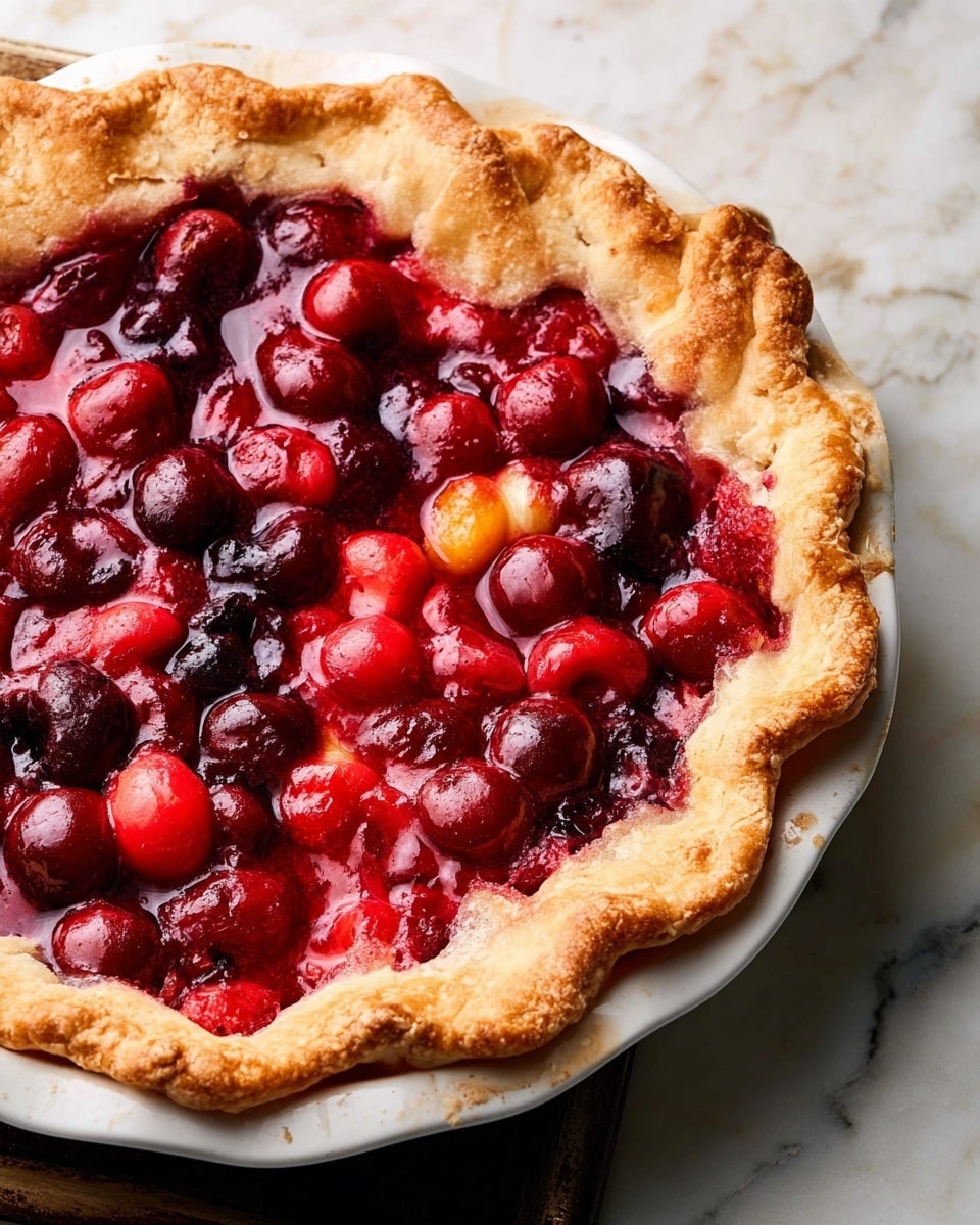 A single slice of cherry pie sits on a white plate with crumbly crust edges, showing a deep red cherry filling layer topped by a golden-brown oat crumble with visible almond slices. A dollop of white cream gently pours down the side of the crumble topping and two bright red cherries with stems rest on top. Crumbs and a bit of cream smear the plate, next to a silver fork lying to the right of the pie slice. The plate rests on a white marbled surface with a dark background behind it. photo taken with an iphone --ar 4:5 --v 7