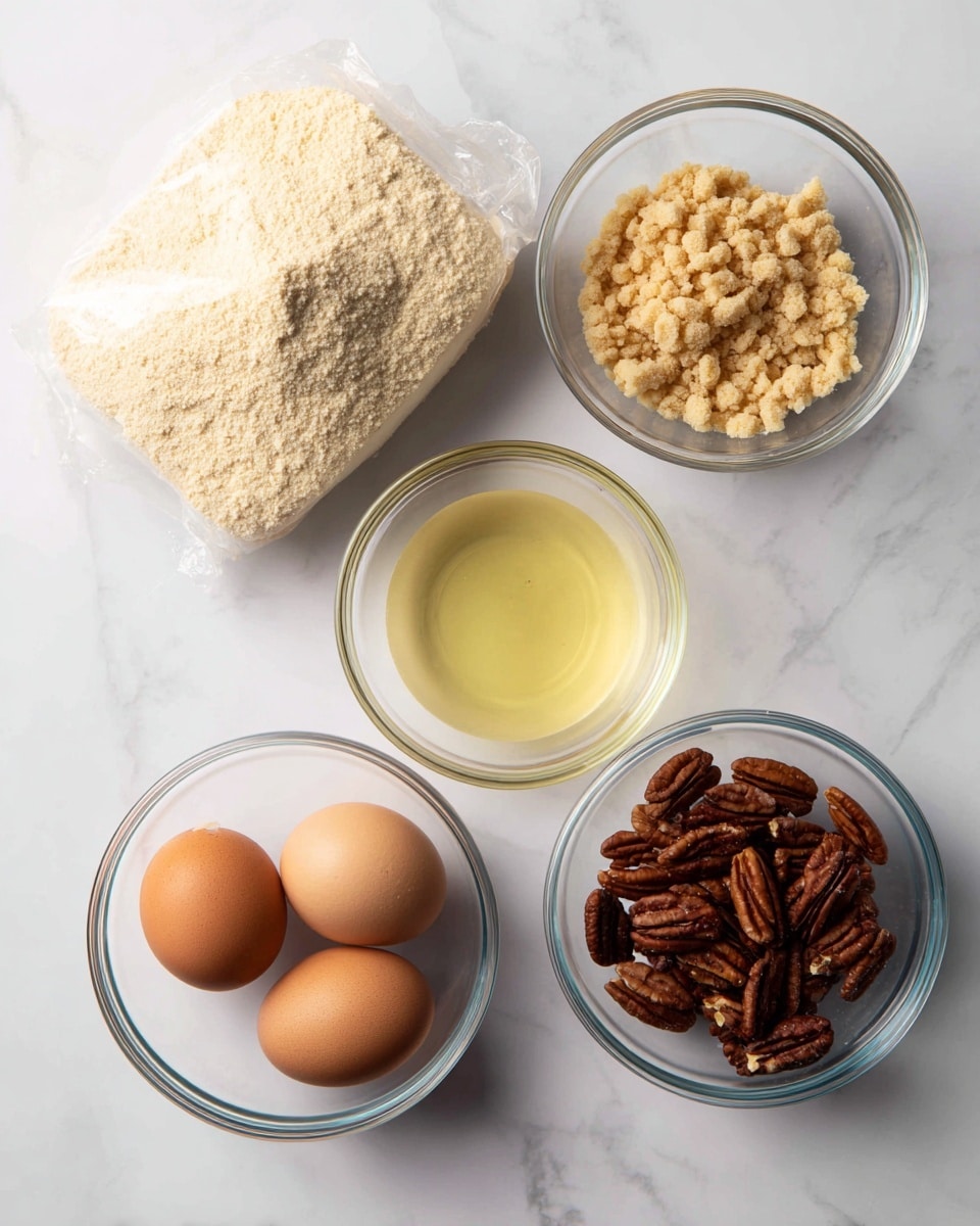 The image shows five small clear glass bowls and a plastic bag arranged on a white marbled surface. At the top left, there is a white plastic bag filled with pale beige butter pecan cake mix. To its right, a bowl contains small, light brown toffee bits. Below the plastic bag, a bowl of pale yellow oil is placed, while to the right of the oil, there is a bowl filled with dark brown pecan halves. Finally, at the bottom left, a bowl holds two brown eggs. All items are neatly spaced and clearly visible. Photo taken with an iphone --ar 4:5 --v 7