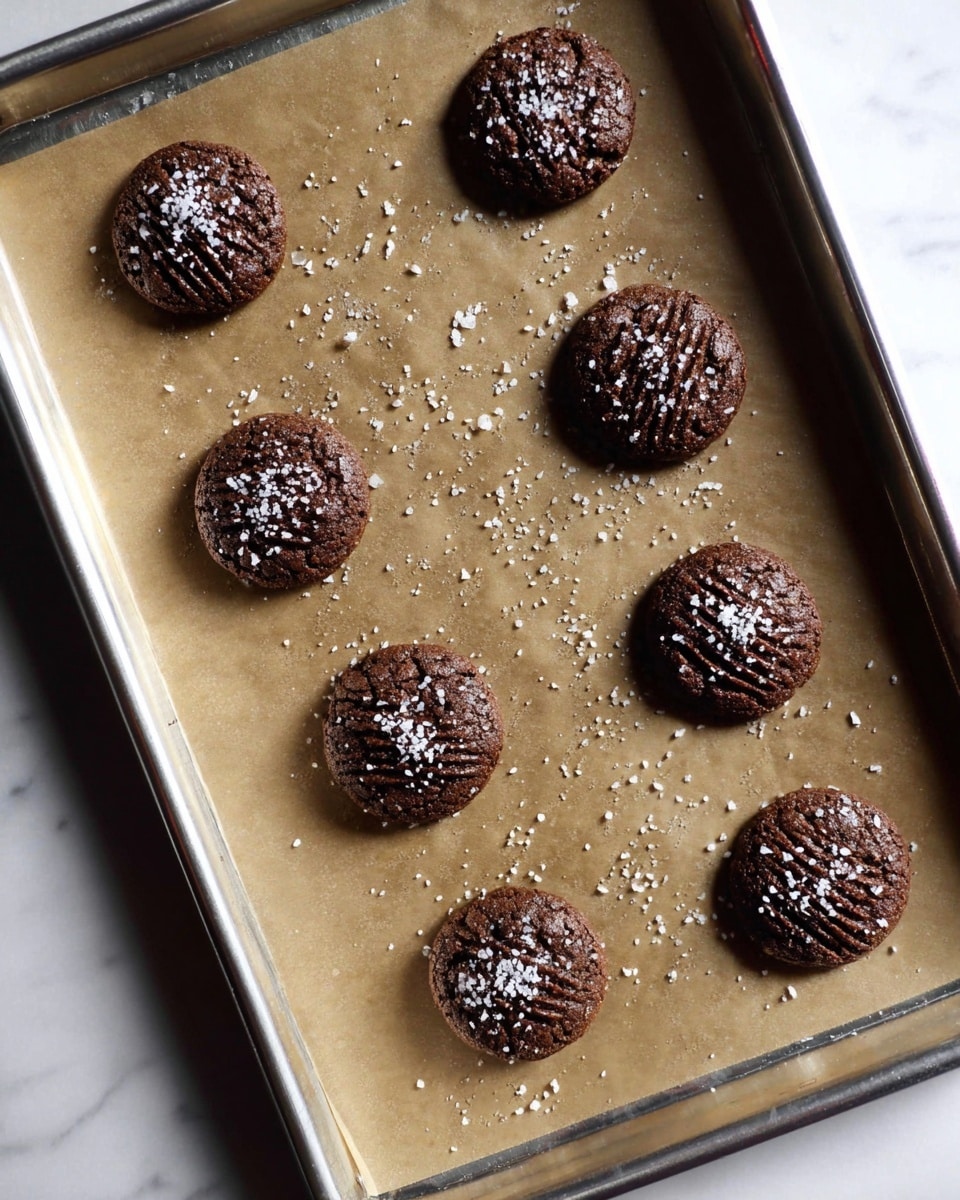 A metal baking tray with light brown parchment paper holds six evenly spaced dark brown, round cookies topped with coarse white sugar crystals. Each cookie has a ridged texture on top, showing a swirl pattern. The tray is set on a white marbled surface. photo taken with an iphone --ar 4:5 --v 7