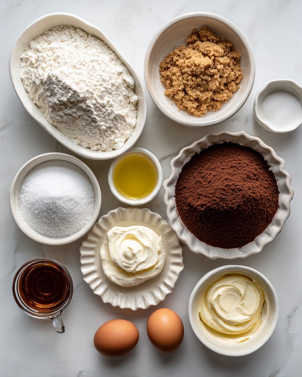The image shows multiple white bowls and dishes arranged on a white marbled surface, each holding different baking ingredients. Starting from the top, there is a white oval bowl filled with all-purpose flour, looking soft and powdery, next to a round bowl filled with light brown, crumbly brown sugar. Below, in a scalloped white dish, there is a pile of fine dark brown espresso powder. To the right, a round bowl contains rich, dark cocoa powder with a smooth texture. Below the espresso powder, a small white plate holds white baking powder and salt, looking fine and powdery. In the center, a transparent glass bowl contains yellow oil. To the right, a small rounded bowl holds melted butter with a glossy texture. A white bowl on the left holds smooth white sour cream. Below all these, a single brown egg sits alongside a small white cup filled with dark amber vanilla extract. The items are spaced neatly, creating a clean and organized visual of the baking ingredients. photo taken with an iphone --ar 4:5 --v 7