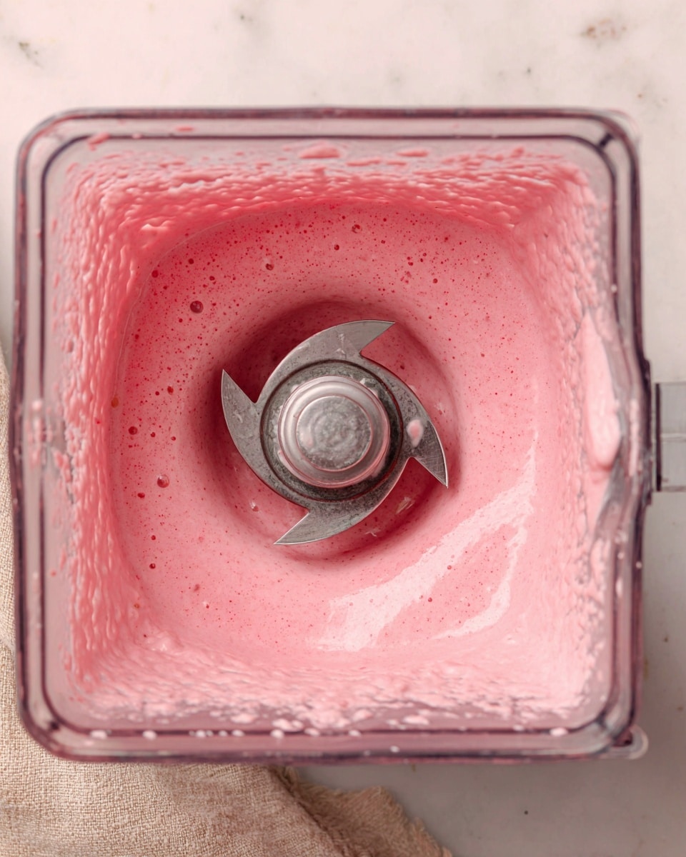 A close-up top view of a blender container filled with a smooth pink mixture that coats the sides evenly with a few small bubbles and bits. The metal blender blades are visible in the center, surrounded by the creamy pink texture, showing a slightly thick but smooth consistency. The container edges show the pink mix sticking slightly. The background surface is a white marbled texture with a beige cloth on one side. photo taken with an iphone --ar 4:5 --v 7