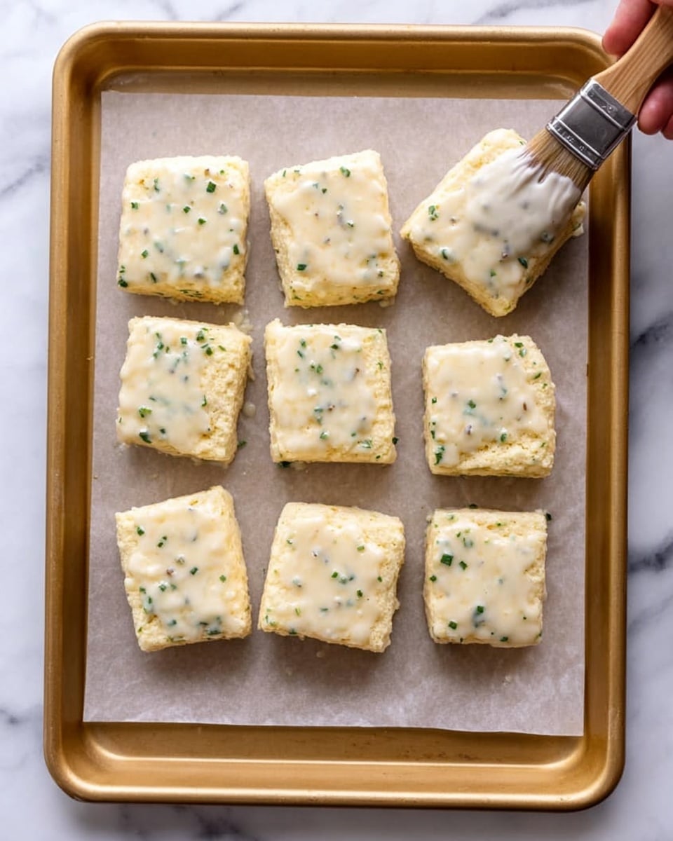 Nine square biscuit pieces with a light creamy glaze on top are arranged on a baking tray lined with parchment paper. The biscuits have a pale yellow color with small green herb flakes mixed in, giving them a slightly speckled look. A woman's hand is visible at the top right corner holding a brush, applying the glaze evenly on one biscuit. The tray has a golden color, and the background is a white marbled surface. photo taken with an iphone --ar 4:5 --v 7