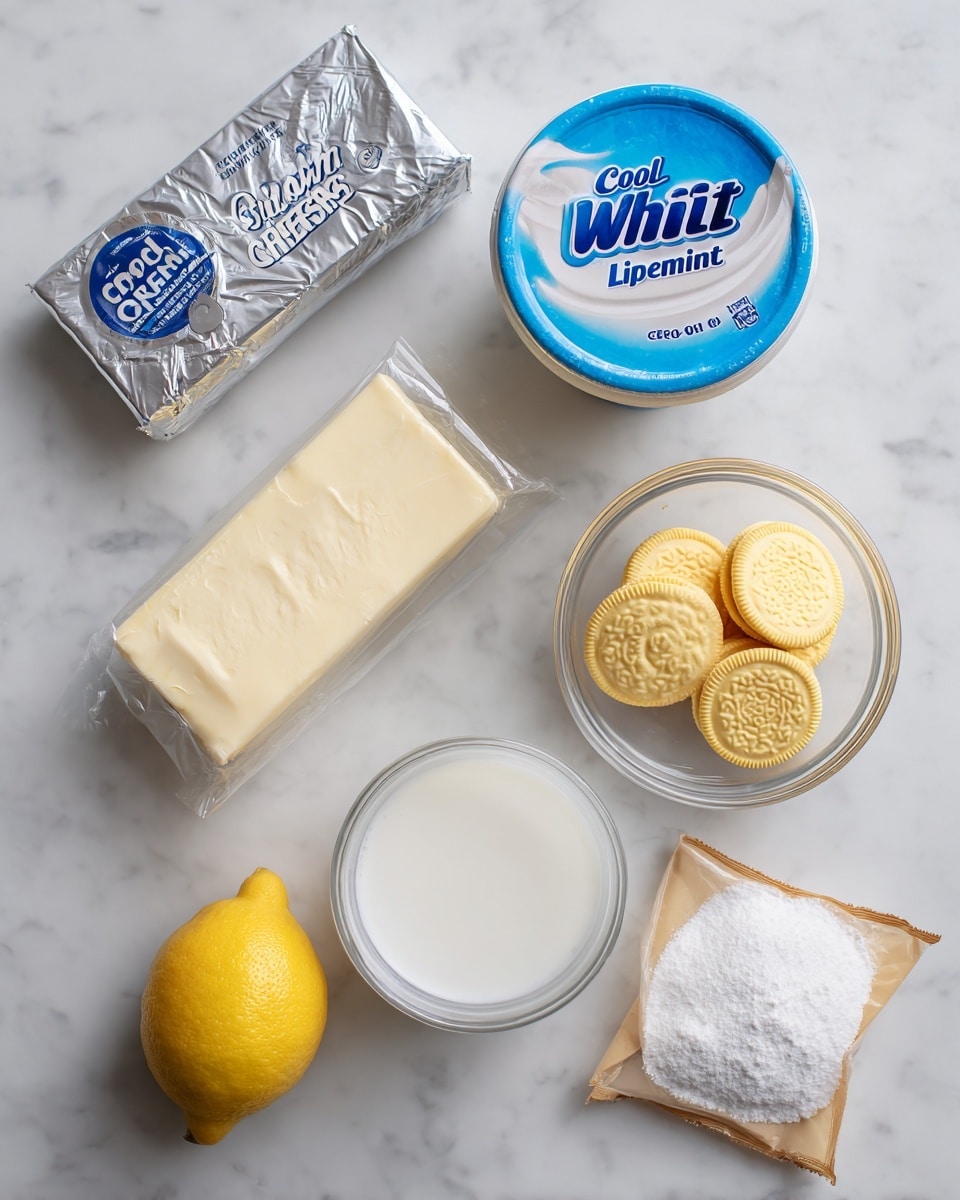 The image shows eight ingredients arranged neatly on a white marbled surface. At the top left is a silver shiny package labeled cream cheese, next to it on the right is a large round white container with a blue lid labeled Cool Whip Original. Below the cream cheese is a stick of unsalted butter in its paper wrapper, light yellow in color. To the right is a clear round bowl filled with yellow lemon Oreos stacked on top of each other. Below the butter is a small clear glass full of cold milk. To the right of the glass is a small clear bowl filled with white powdered sugar. At the bottom left corner sits a whole bright yellow lemon, and to the right of it is a light brown paper packet labeled instant lemon pudding. All items are spaced apart clearly on the clean white marbled surface. Photo taken with an iphone --ar 4:5 --v 7