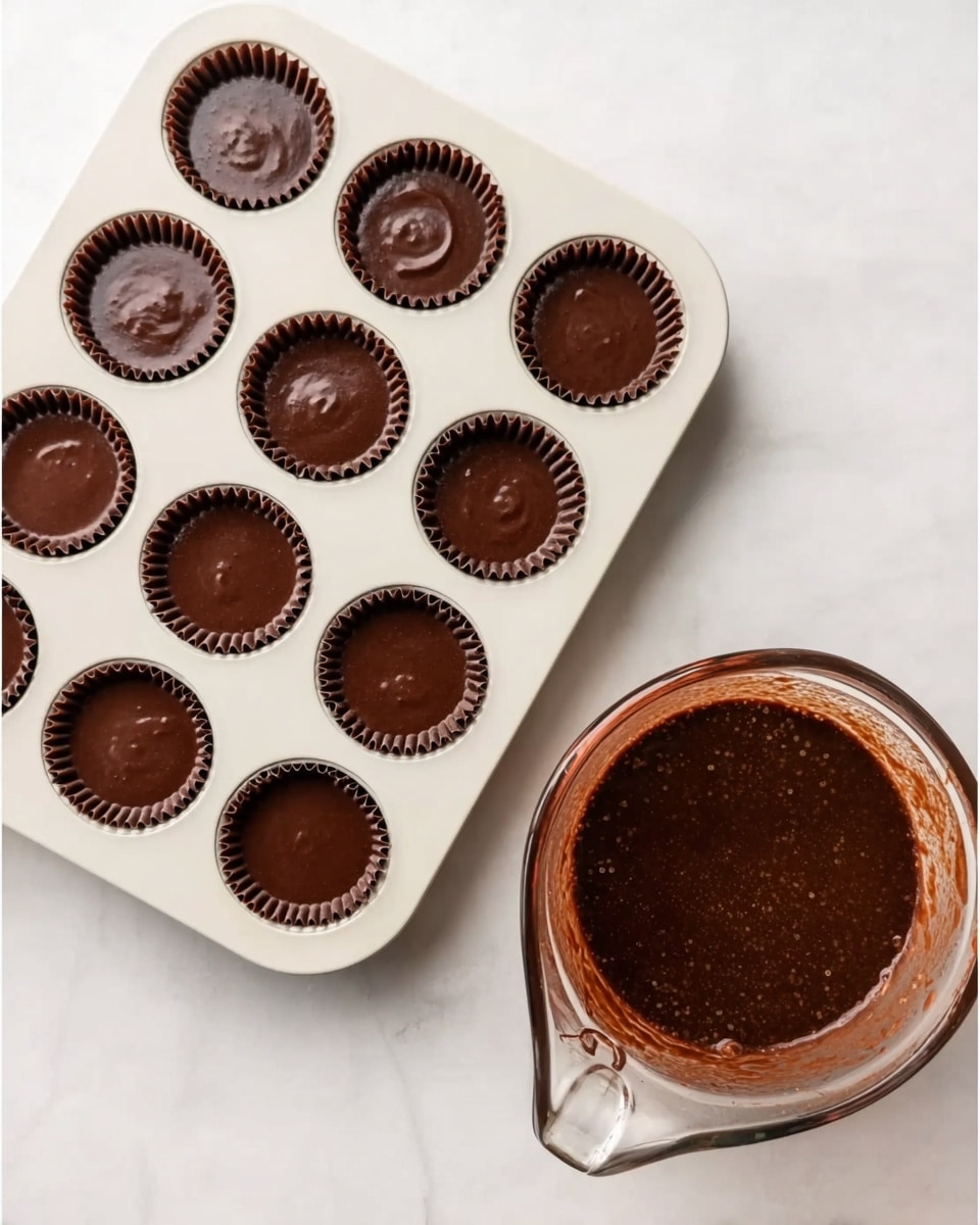 The image shows a white cupcake tray filled with brown cupcake liners, each with smooth, thick chocolate batter inside, evenly spread and filling about half of each liner. Next to the tray, there is a clear glass measuring cup with more chocolate batter inside, showing bubbles and streaks on the sides. The scene is set on a white marbled surface with a clean and simple look. photo taken with an iphone --ar 4:5 --v 7