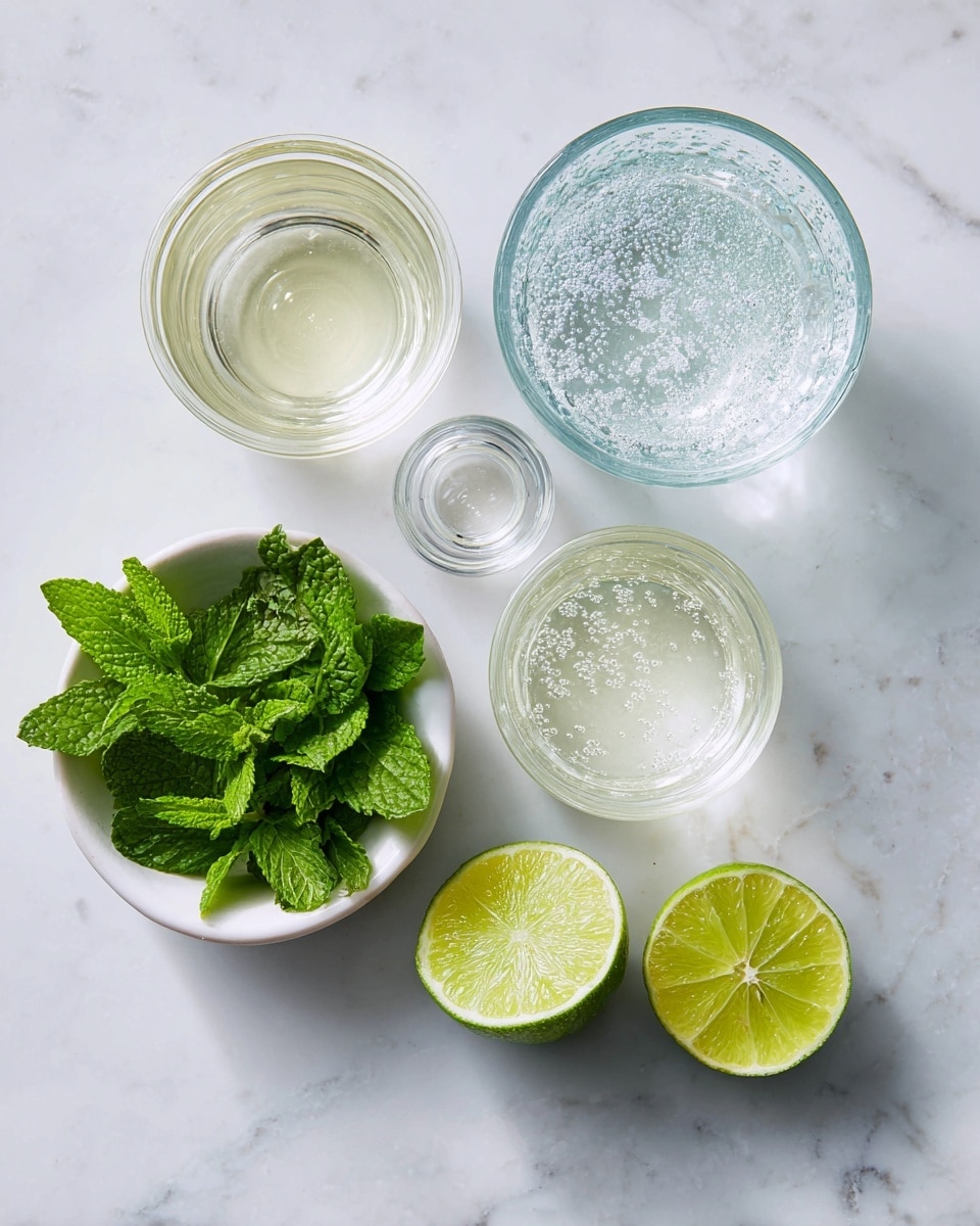 The image shows five ingredients placed on a white marbled surface, each labeled clearly with black text. At the top right is a clear glass container with bubbly clear club soda. Below it to the left is a smaller clear glass container with clear white rum. To the right of that is another clear glass container with simple syrup. Below these three containers is a small white bowl filled with fresh green mint leaves. Next to the bowl are two lime halves, showing their bright green and juicy interiors. The arrangement is simple and clean, with each item easily visible and well spaced. Photo taken with an iphone --ar 4:5 --v 7