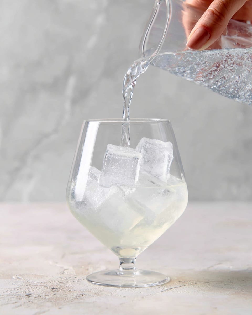 A clear glass with a wide bowl shape is filled with several large, translucent ice cubes that have a slight white shine. A woman's hand pours sparkling water from a small clear glass pitcher into the glass, creating bubbles and a thin stream of water entering from the top right. The background shows a soft white marbled texture with light gray veins. The glass sits on a light-colored surface with subtle texture. photo taken with an iphone --ar 4:5 --v 7