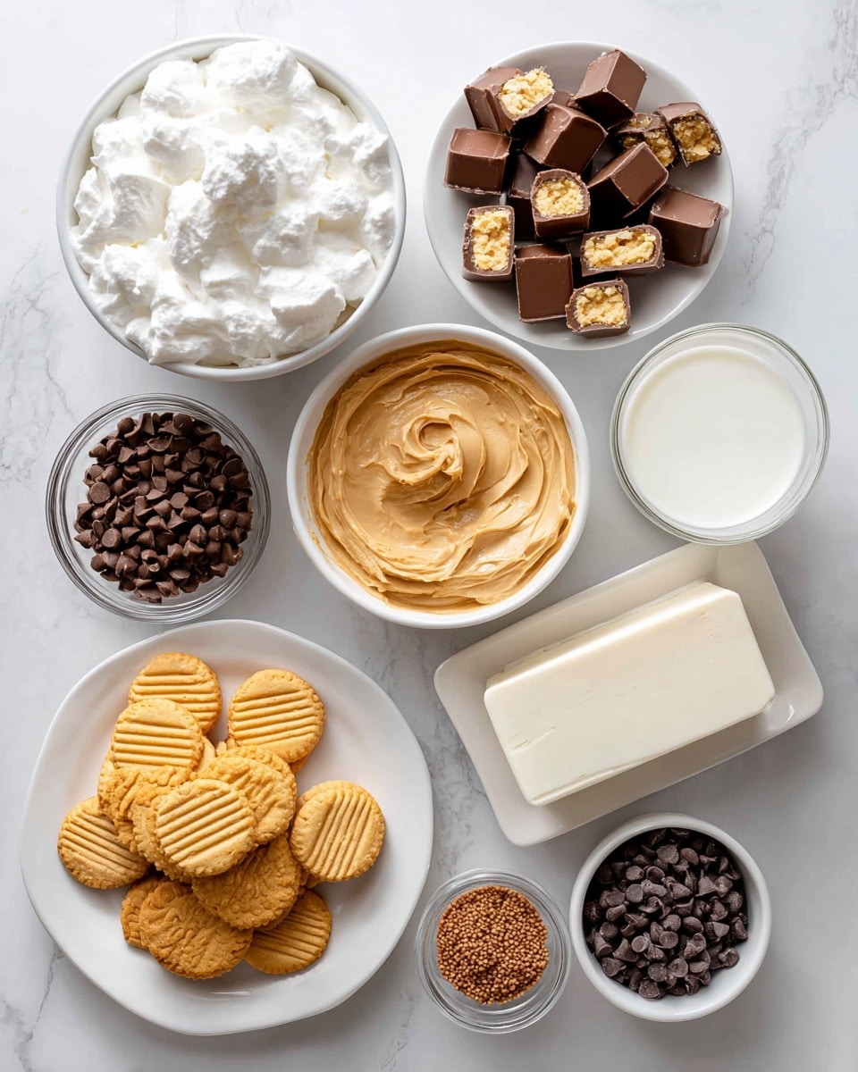 The image shows a top view of various baking ingredients placed on a white marbled surface. There is a white bowl filled with fluffy white whipped topping in the top left corner, and next to it on the right, a white bowl with whole and halved Reese's peanut butter cups. Below that, a smaller glass bowl holds chopped Reese's minis with visible peanut butter centers. To the right, a white bowl is filled with 2% milk. Below the bowls of peanut butter cups and milk, there is a white rectangular dish holding a block of cream cheese. In the middle, a white bowl of creamy peanut butter with a smooth spread texture is featured. Around it are other small white bowls containing vanilla instant pudding mix (white powder), milk chocolate chips (brown round drops), and semi-sweet mini chocolate chips (small dark chips). In the bottom left corner, a white plate holds neatly arranged nutter butter cookies with a ridged surface and round nilla wafers with a smooth golden-brown texture. photo taken with an iphone --ar 4:5 --v 7