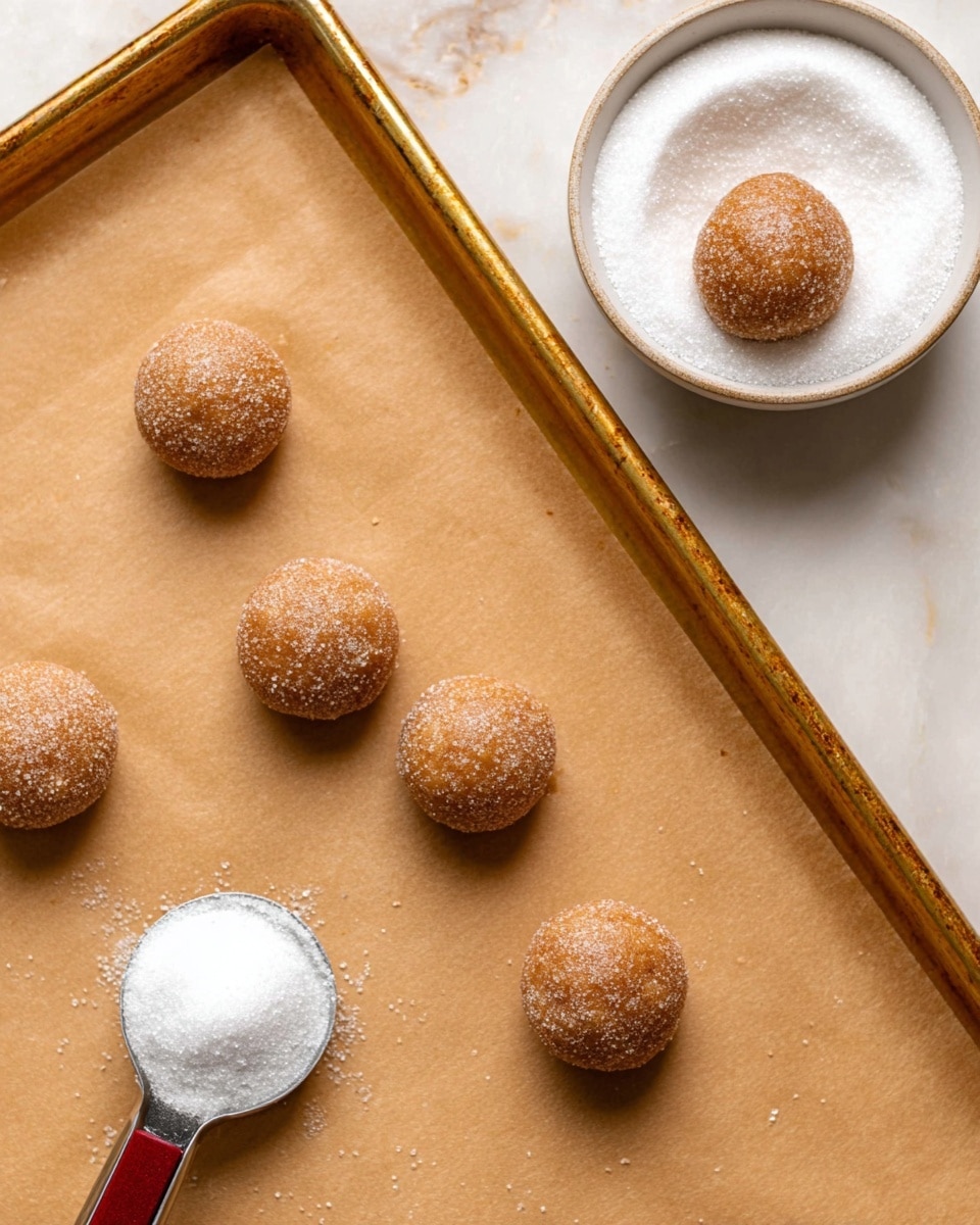 The image shows six small round dough balls on a light brown parchment paper-lined baking tray, each ball coated with sugar giving a slightly grainy texture. On the top right corner, there is a white bowl filled with white granulated sugar, and one dough ball partially dipped in the sugar, resting on top. The baking tray has a golden edge, and a metal scoop with a red handle is placed on the bottom left corner with some dough inside. The background is a white marbled texture. photo taken with an iphone --ar 4:5 --v 7