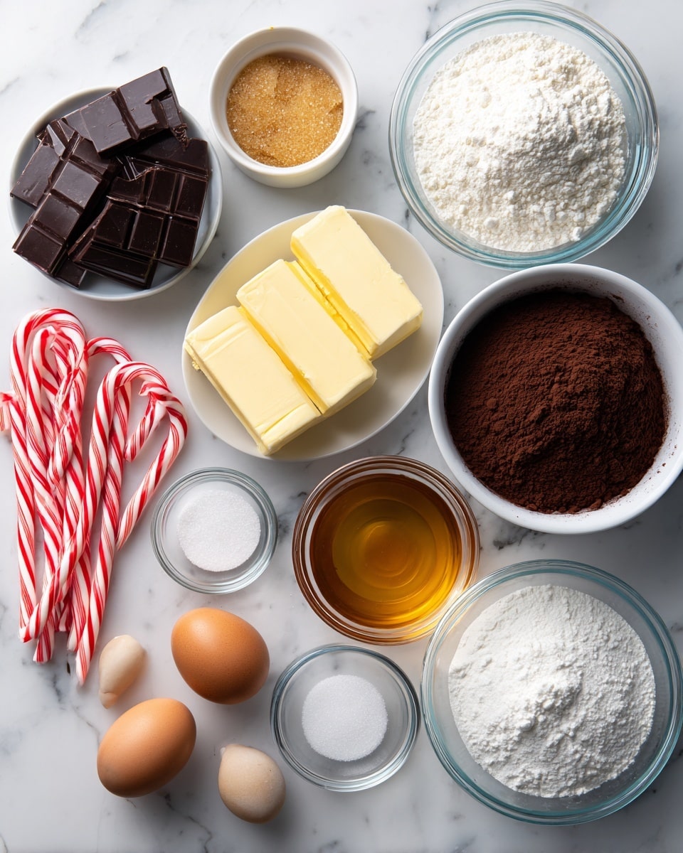 The image shows multiple white bowls and clear glass bowls arranged on a white marbled surface. There are solid dark chocolate squares in a small white bowl, golden brown sugar in a clear glass bowl, two sticks of yellow butter placed side by side, bright white granulated sugar in a white bowl, a small white bowl filled with clear peppermint extract, a large clear glass bowl filled with white flour, two light brown eggs next to the flour bowl, a small clear glass bowl with vanilla extract which is amber brown, a white bowl with white baking soda and powder next to a small clear glass bowl of salt, a small glass bowl with dark espresso powder, several red and white striped candy canes, and a clear glass bowl filled with dark brown Dutch process cocoa powder. Photo taken with an iphone --ar 4:5 --v 7