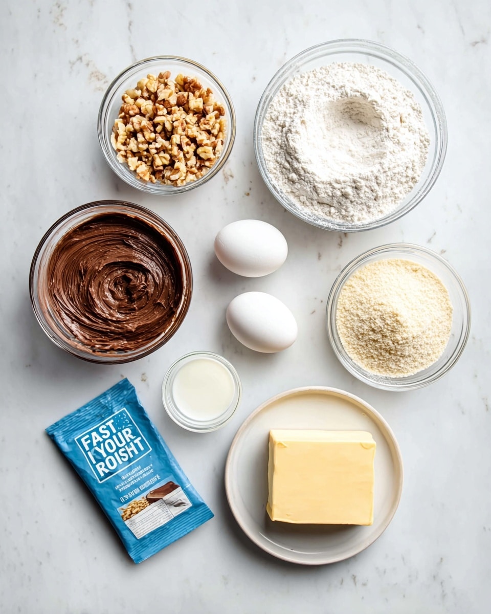 The image shows eight ingredients arranged neatly on a white marbled surface. At the top right is a white bowl filled with light, powdery flour with a small well in the center. Next to it on the left is a clear glass bowl with roughly chopped nuts scattered evenly. Below the nuts is another clear bowl with thick, smooth, and shiny chocolate spread swirled evenly. To the right of this chocolate bowl is a clear bowl filled with a fine, pale powder, likely sugar or almond flour. Two white eggs rest side by side in the center. Near the bottom center is a small clear glass filled with a light cream liquid. At the bottom right is a small white plate holding a neat rectangular block of yellow butter. On the bottom left lies a blue packet labeled