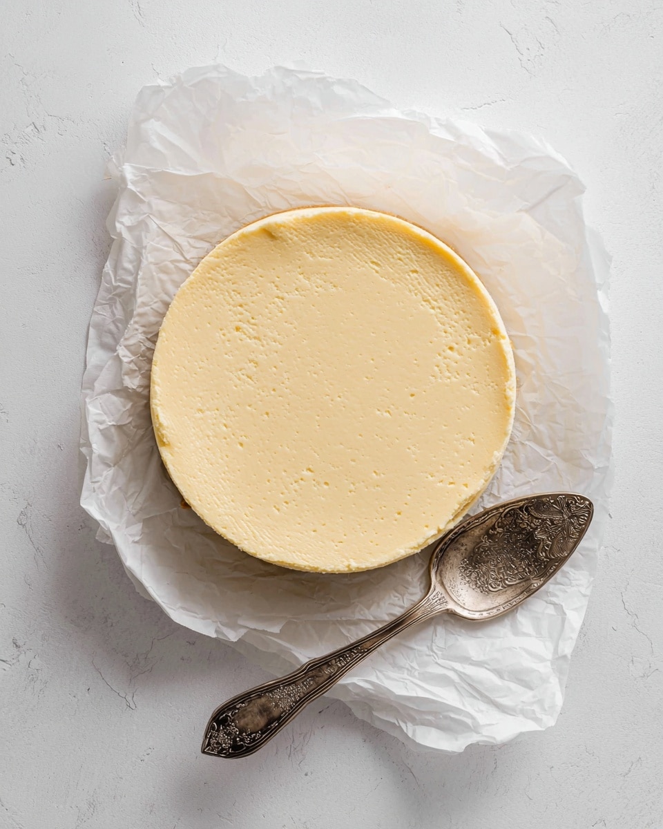 This is a round cheesecake resting on a piece of crumpled white parchment paper. The cheesecake has one smooth, pale yellow layer with a creamy texture and a few small air bubbles dotting the surface. The edges have a slightly raised crust that is light golden brown. Below the cheesecake is an old-fashioned, tarnished silver cake server with an ornate handle. The whole scene is set on a white marbled surface, giving a clean and simple look. photo taken with an iphone --ar 4:5 --v 7