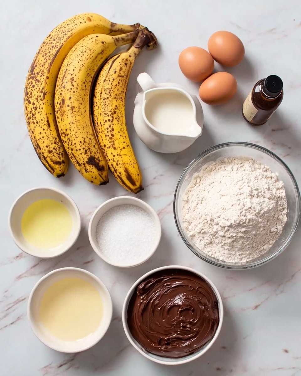 The image shows several baking ingredients arranged neatly on a white marbled surface. At the center, there are three ripe bananas with brown spots. Around the bananas, there is a large clear bowl filled with white flour on the top right, a small white pitcher with milk below the flour, and a small white bowl with smooth chocolate spread at the bottom right. At the bottom center, there is a white bowl with granulated sugar, and to the left of it is another white bowl with a pale yellow liquid, likely oil. Above these, on the left side, there is a small brown bottle of vanilla extract, and above the bottle, two brown eggs. Next to the eggs, there are two small white bowls, each with a white powdery ingredient, possibly baking soda and salt. Everything is neatly arranged and clearly visible. Photo taken with an iphone --ar 4:5 --v 7
