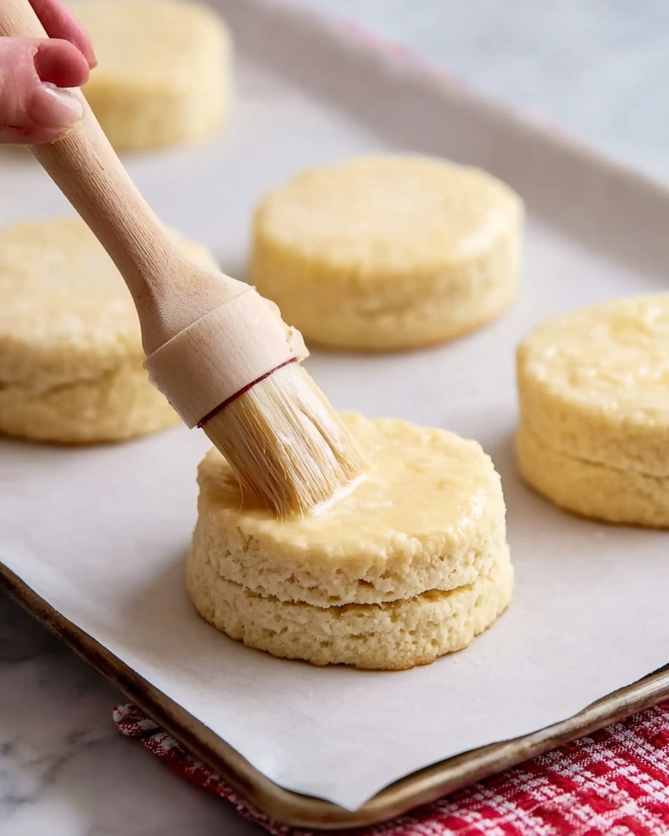 The image shows round dough biscuits with three visible layers, with a smooth, pale yellow color and textured edges. They are placed on a sheet of white parchment paper on a baking tray. A woman's hand is brushing the top of the closest biscuit with a light-colored wooden brush, giving a shiny look to the biscuit. In the background, more biscuits can be seen, slightly out of focus, all on the same white parchment paper and baking tray. The whole scene is set on a white marbled surface with a red and white checkered cloth partially visible at the bottom corner. photo taken with an iphone --ar 4:5 --v 7