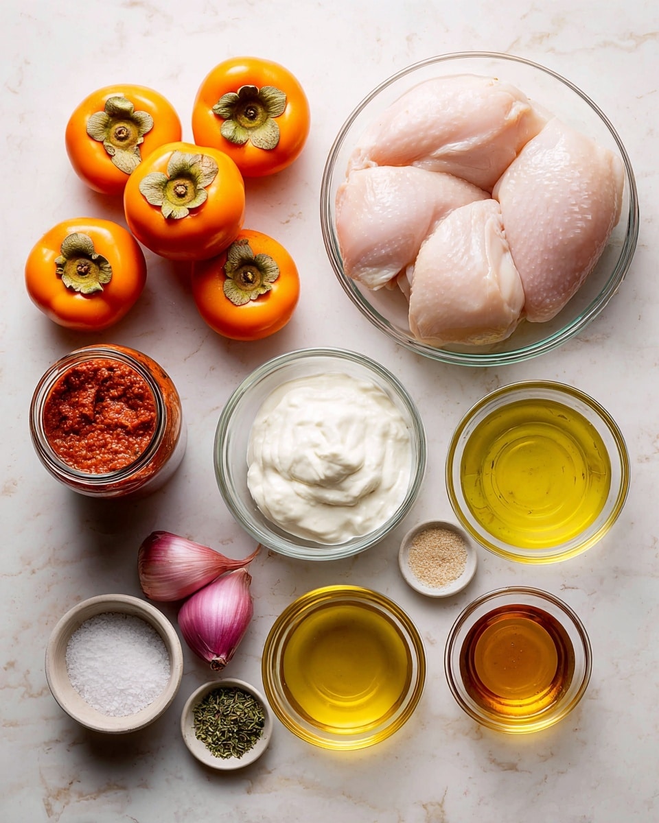 The image shows ingredients neatly arranged on a white marbled surface. In the top right, a clear glass bowl holds three smooth, pale raw chicken pieces. To the left, five round, bright orange persimmons with green tops are placed together. Below the persimmons, a small clear bowl is filled with thick, white Greek yogurt. Centered below the chicken bowl is a jar with a red lid labeled Harissa, showing a red chili paste inside. On the right side, three small clear glass bowls hold golden olive oil, amber honey, and light yellow lemon juice. Below these, a clear bowl holds a small bunch of green herbs. Two shallots, one light brown and one pinkish-purple, lie side by side near the bottom edge. A small clear bowl containing white salt and a bowl of clear white wine complete the arrangement. The photo taken with an iphone --ar 4:5 --v 7