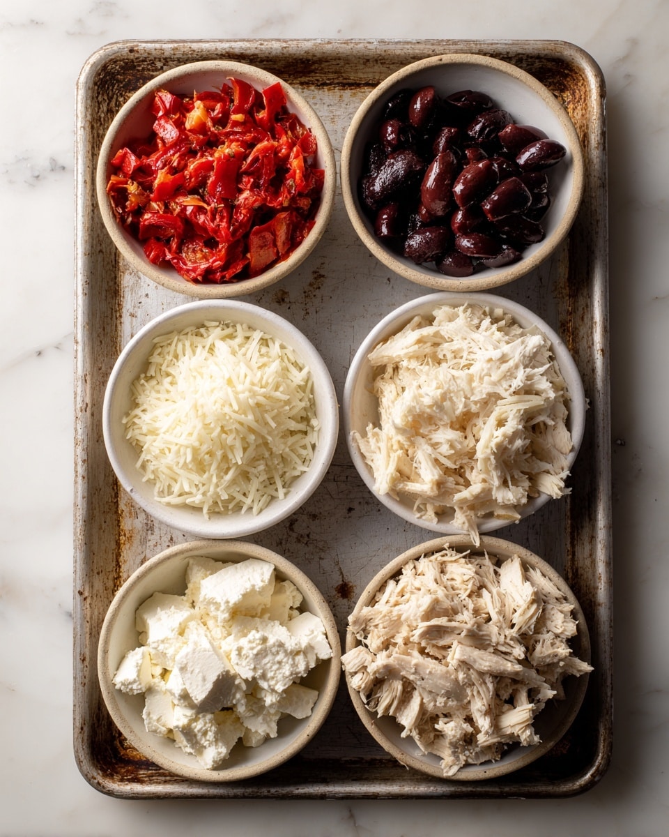 Five white bowls sit on a metal baking tray with a worn look. The top left bowl has small bright red roasted pepper pieces with a soft texture. The top right bowl holds dark purple kalamata olives, some whole and some sliced. In the center left bowl, there is a pile of soft, finely shredded white mozzarella cheese. The bottom left bowl contains crumbly white feta cheese. The bottom right bowl is filled with light beige shredded chicken with a fibrous texture. The tray is placed on a white marbled surface. Photo taken with an iphone --ar 4:5 --v 7