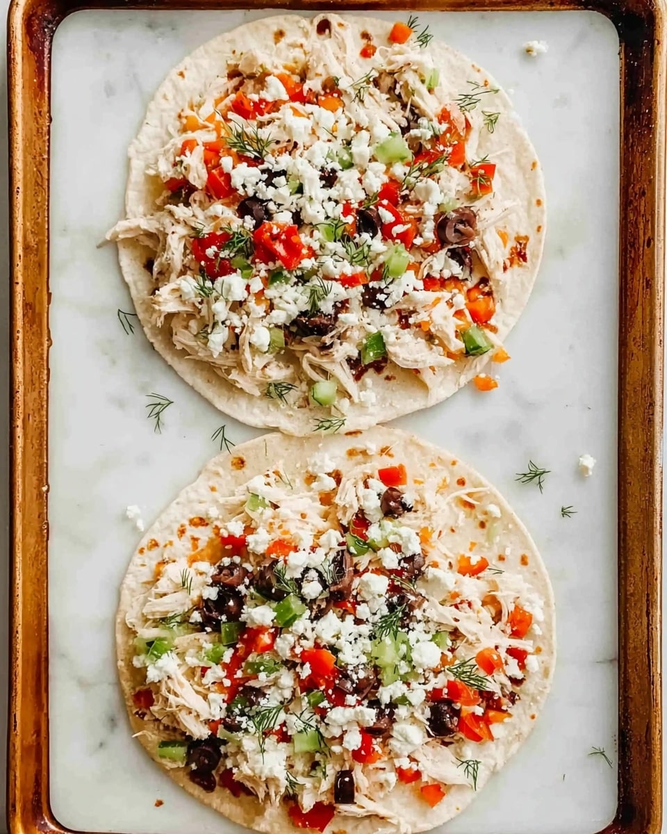 Two round tortillas lie flat on a large, white marbled baking sheet with a brown rim. Each tortilla is topped with multiple layers: shredded white chicken, small chunks of red bell pepper, black olives, crumbled white cheese, and green dill leaves scattered on top. The ingredients cover the tortillas evenly but lightly, allowing the base to show in some places. The overall look is colorful with red, black, white, and green tones mixed on the pale tortilla base. The photo taken with an iphone --ar 4:5 --v 7
