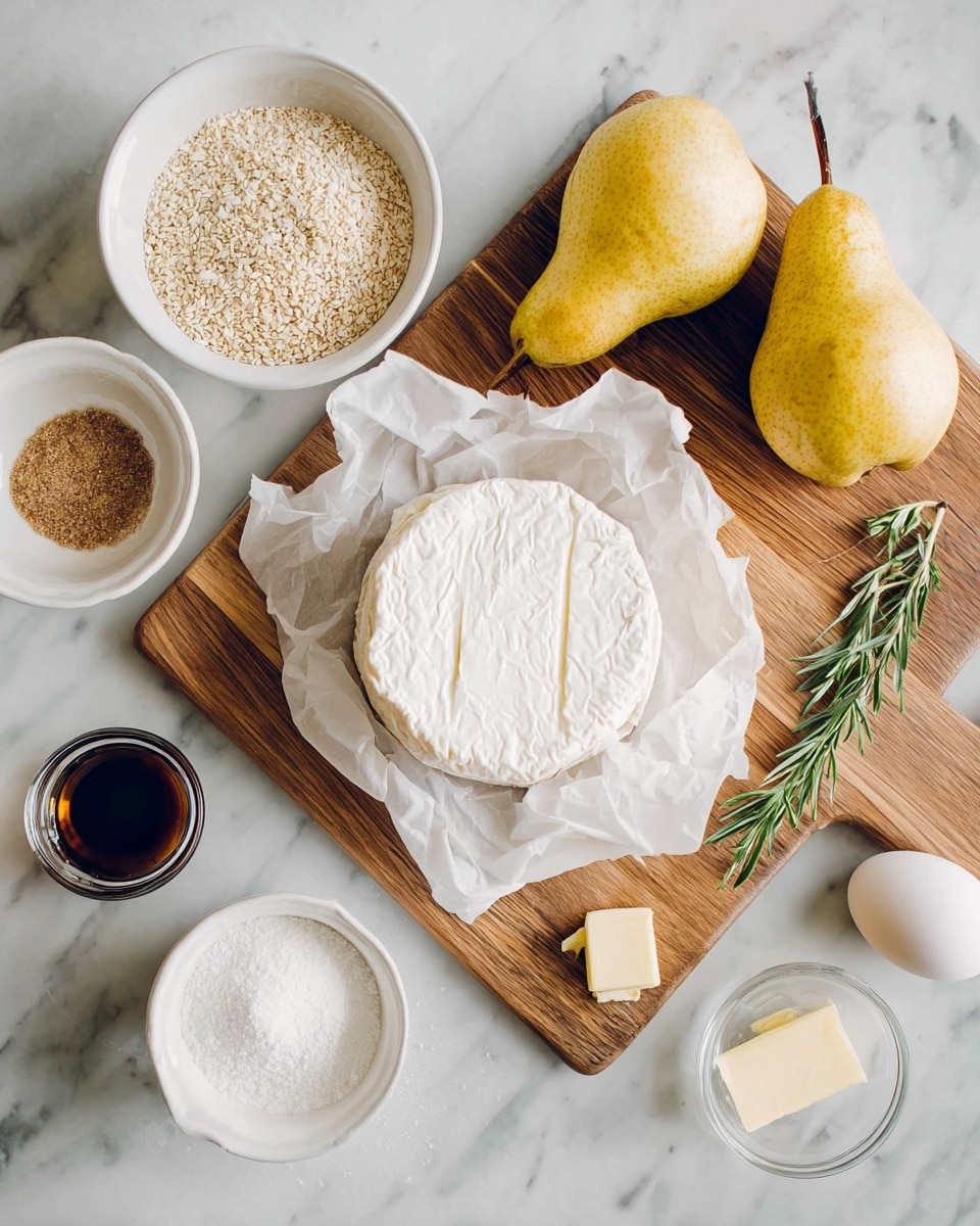 A wooden cutting board holds a round wheel of soft white cheese wrapped in white paper, two yellow pears with stems, a small square of butter, and a sprig of fresh rosemary. Around the board, there are four white bowls and one white egg on a white marbled surface. One bowl contains white flour, another holds white sesame seeds, a third has brown sugar, and a small glass bowl has a dark liquid. The scene is well-lit with soft natural light. photo taken with an iphone --ar 4:5 --v 7